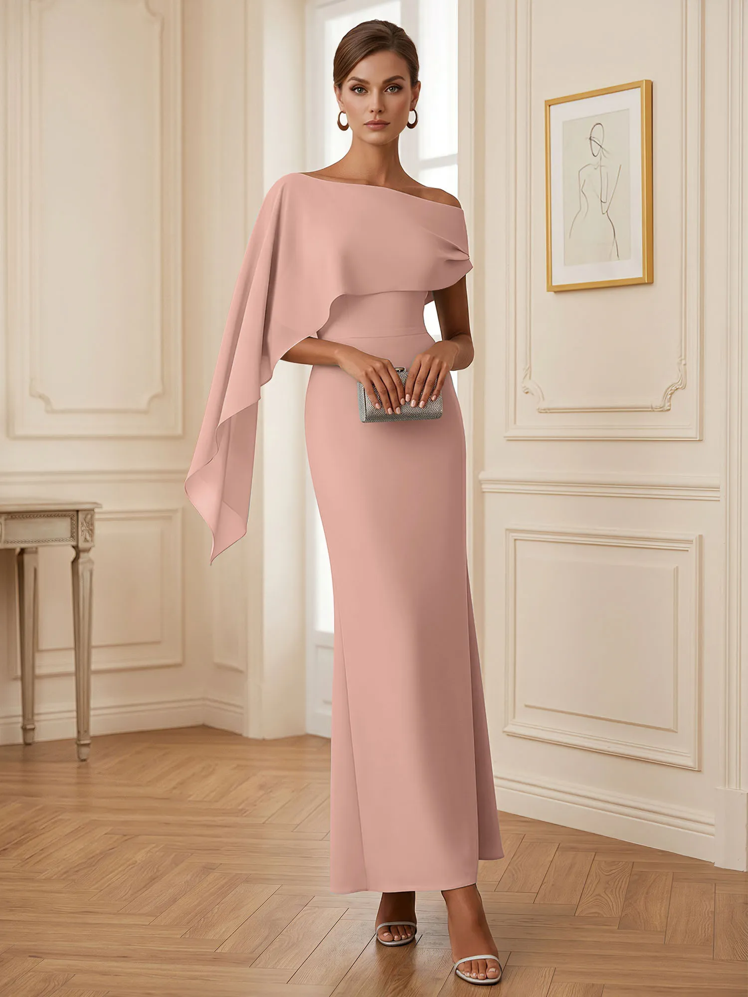One-Shoulder Chiffon Overlay Mermaid Evening Gown