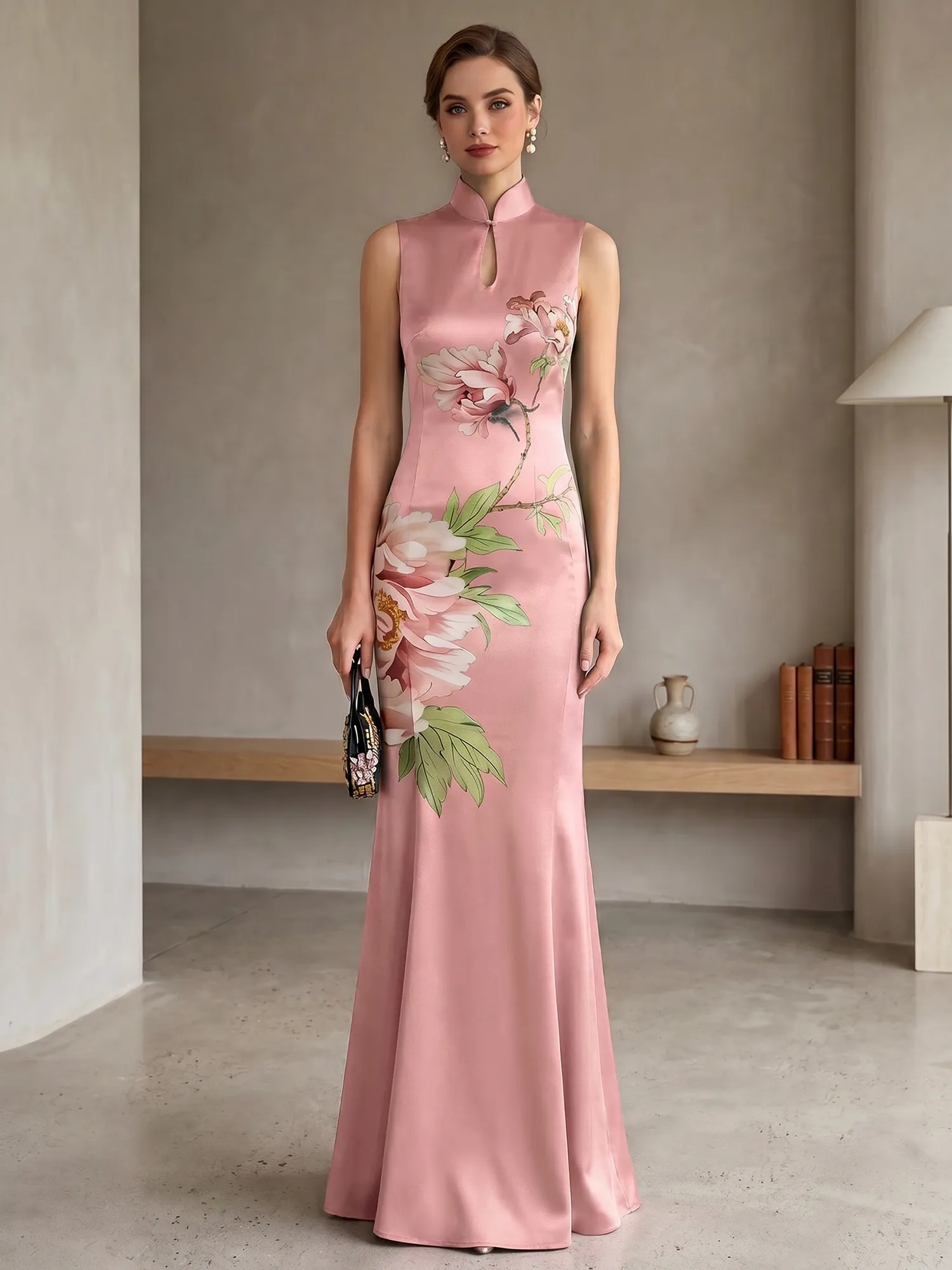Satin Qipao-Inspired Floral Mermaid Evening Gown