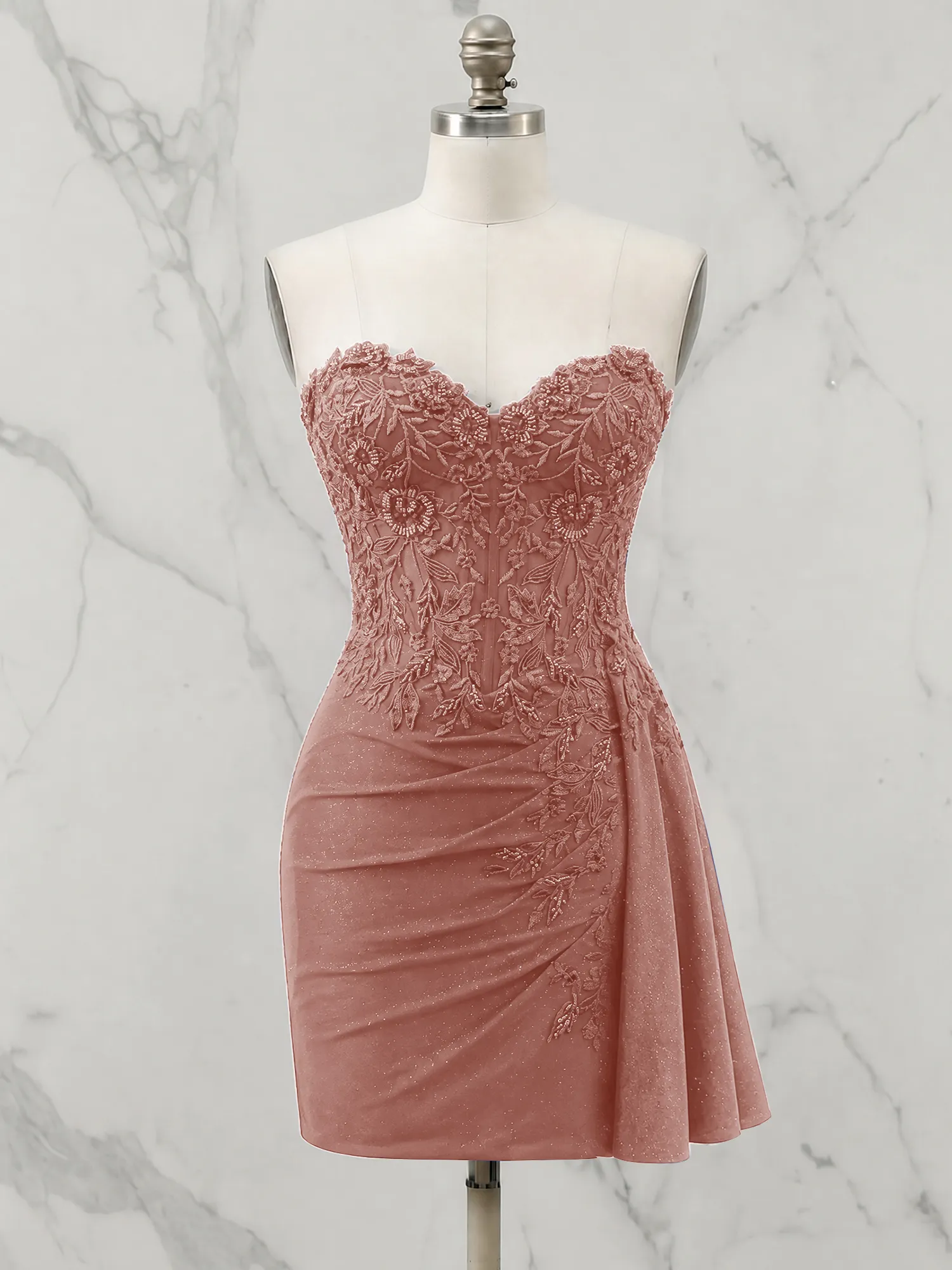 Strapless Lace Appliqué Glitter Homecoming Dress with Side Drape