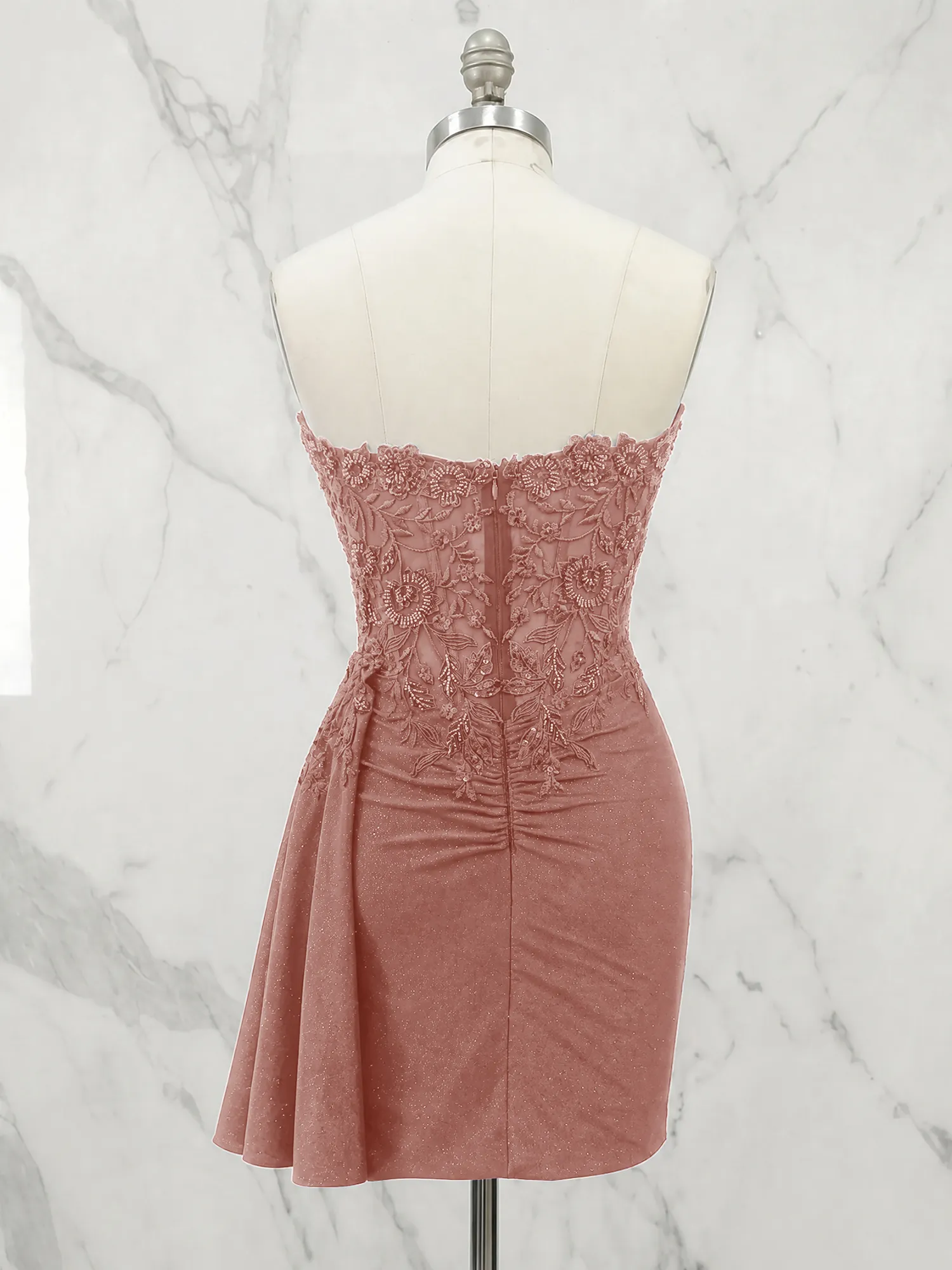 Strapless Lace Appliqué Glitter Homecoming Dress with Side Drape