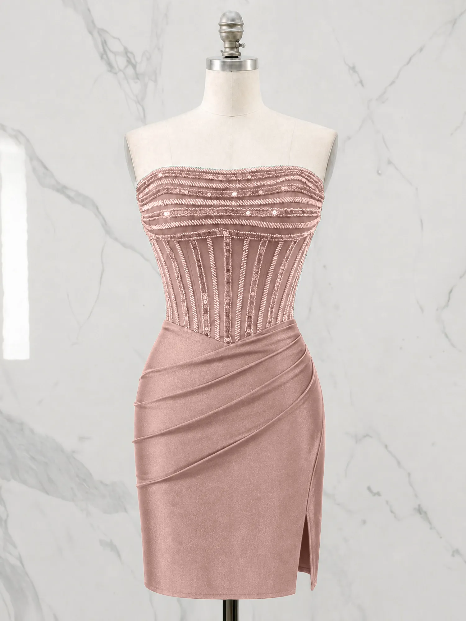 Strapless Beaded Corset Homecoming Dress with Ruched Skirt