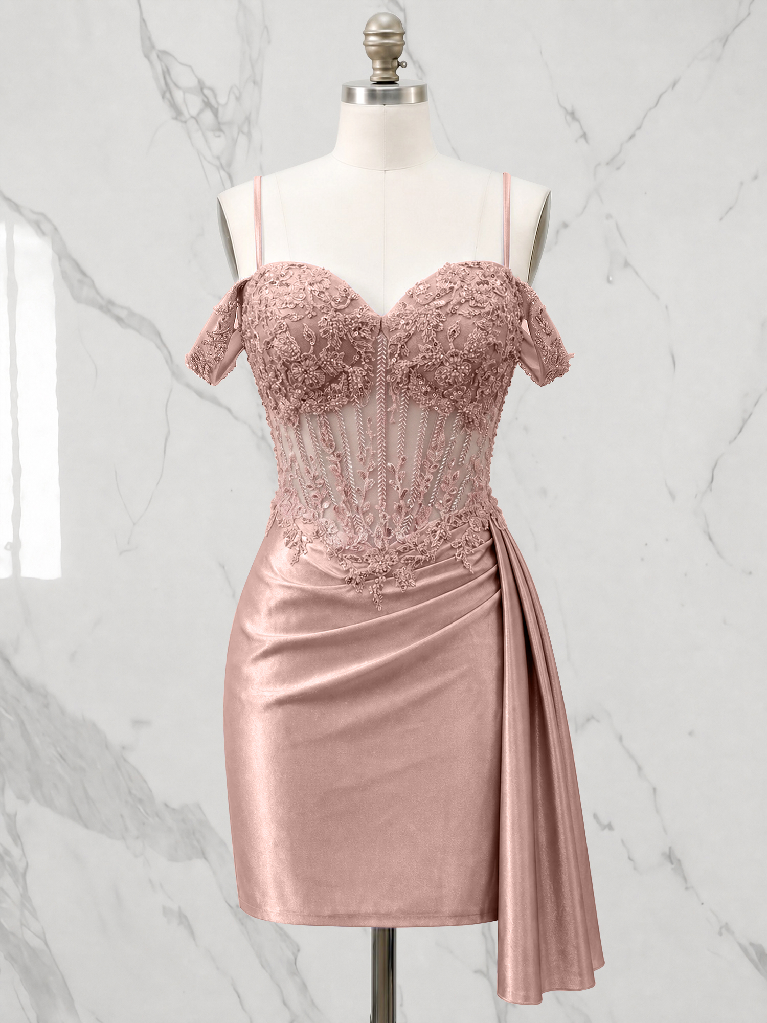 Off-the-Shoulder Lace Corset Homecoming Dress with Side Drape