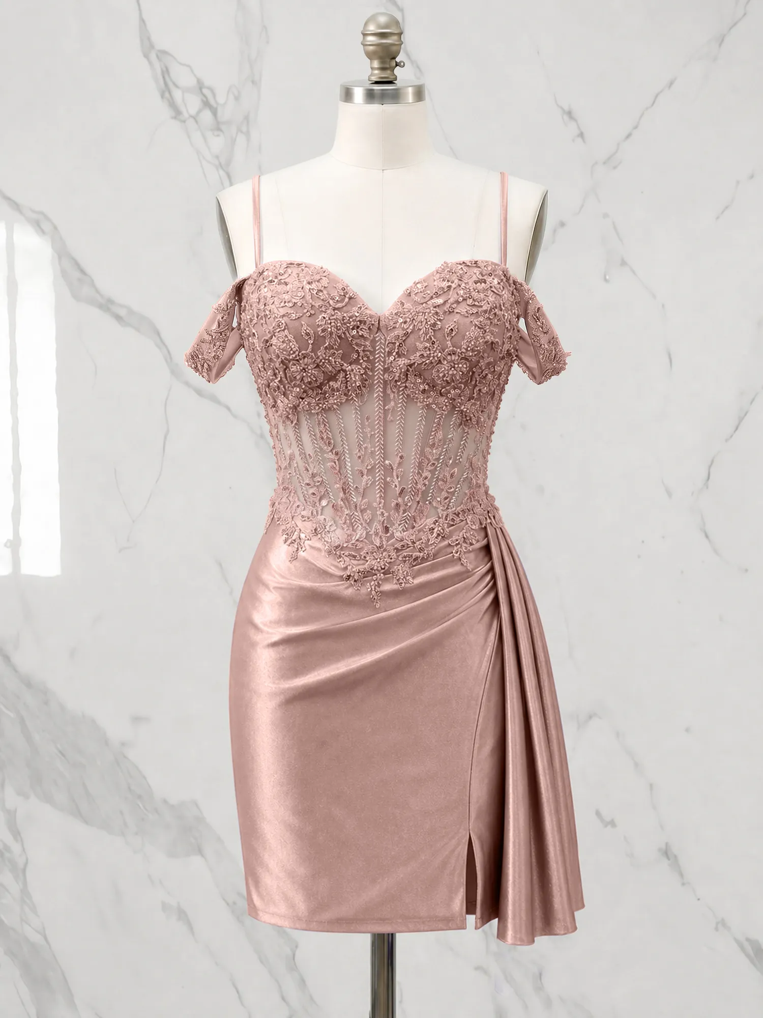 Off-the-Shoulder Lace Corset Homecoming Dress with Draped Skirt