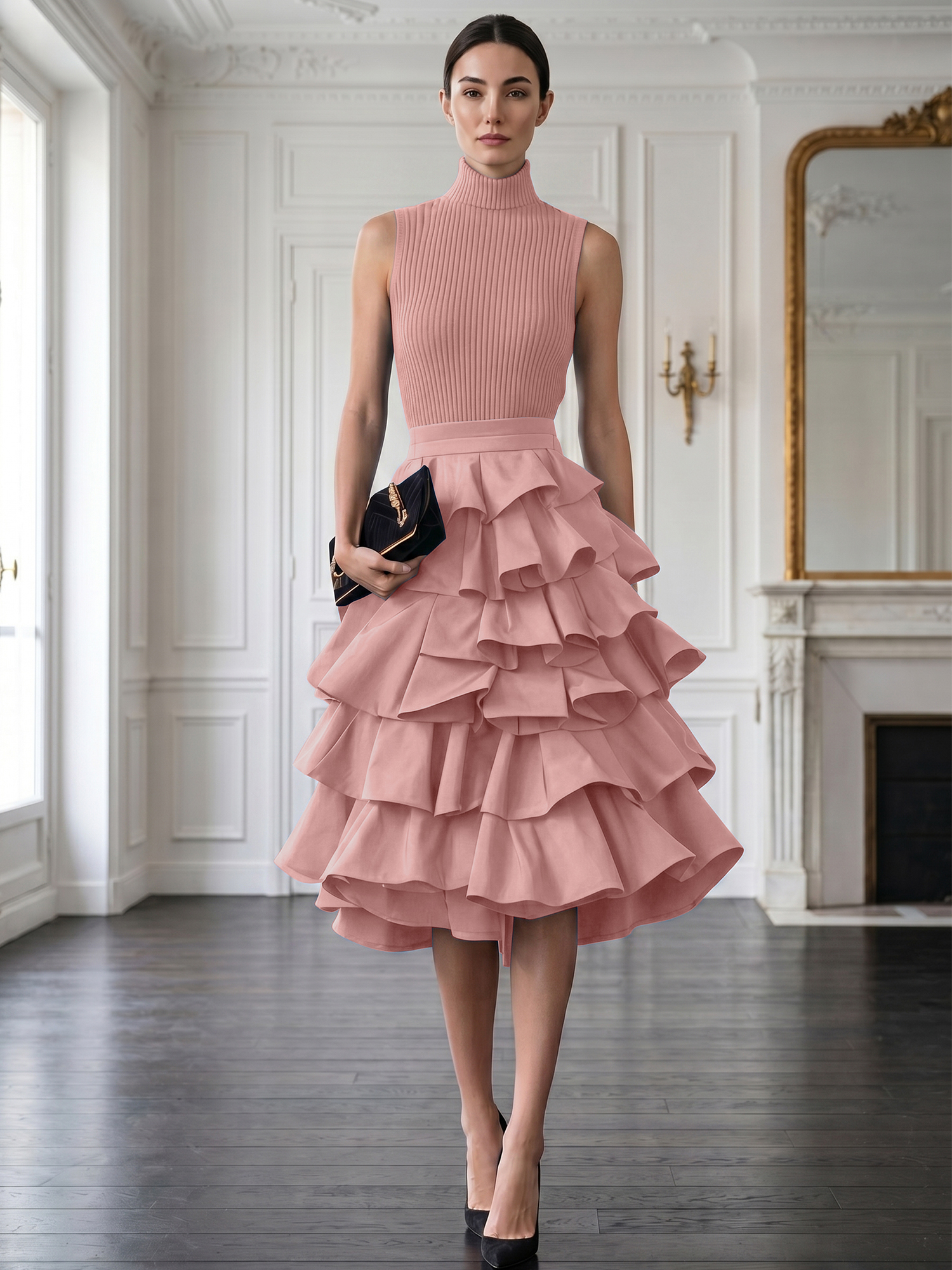 Avant-Garde Black High-Neck Tiered Ruffled Evening Gown