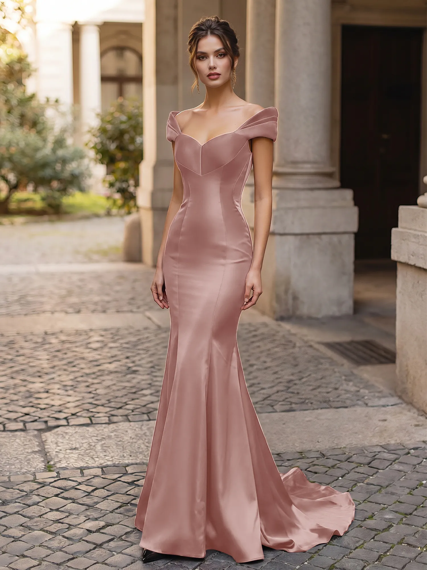 Off-the-Shoulder Sweetheart Lace-Up Back Satin Mermaid Prom Dress