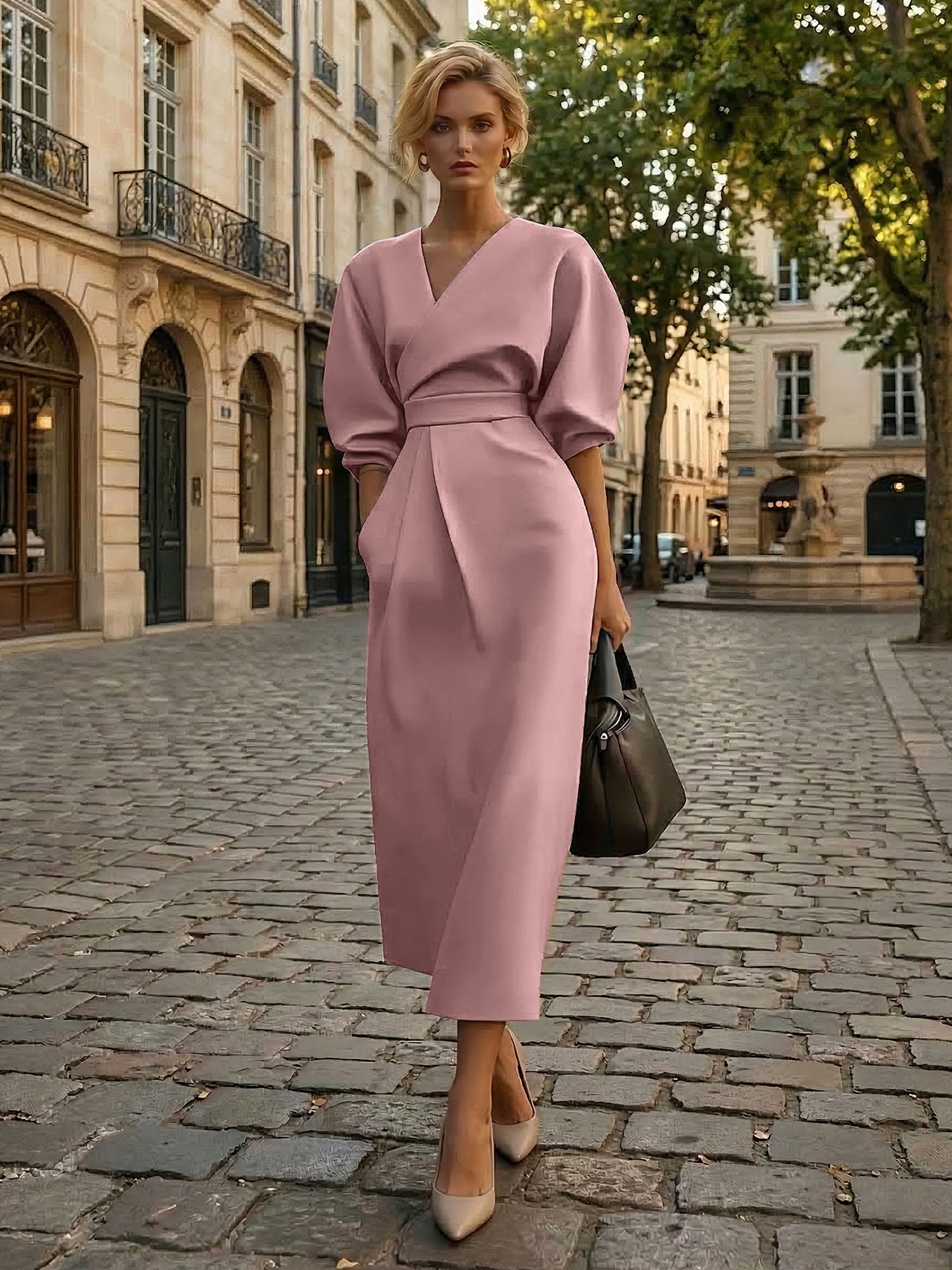 Sophisticated Camel V-Neck Balloon Sleeve Midi Dress Evening Gown