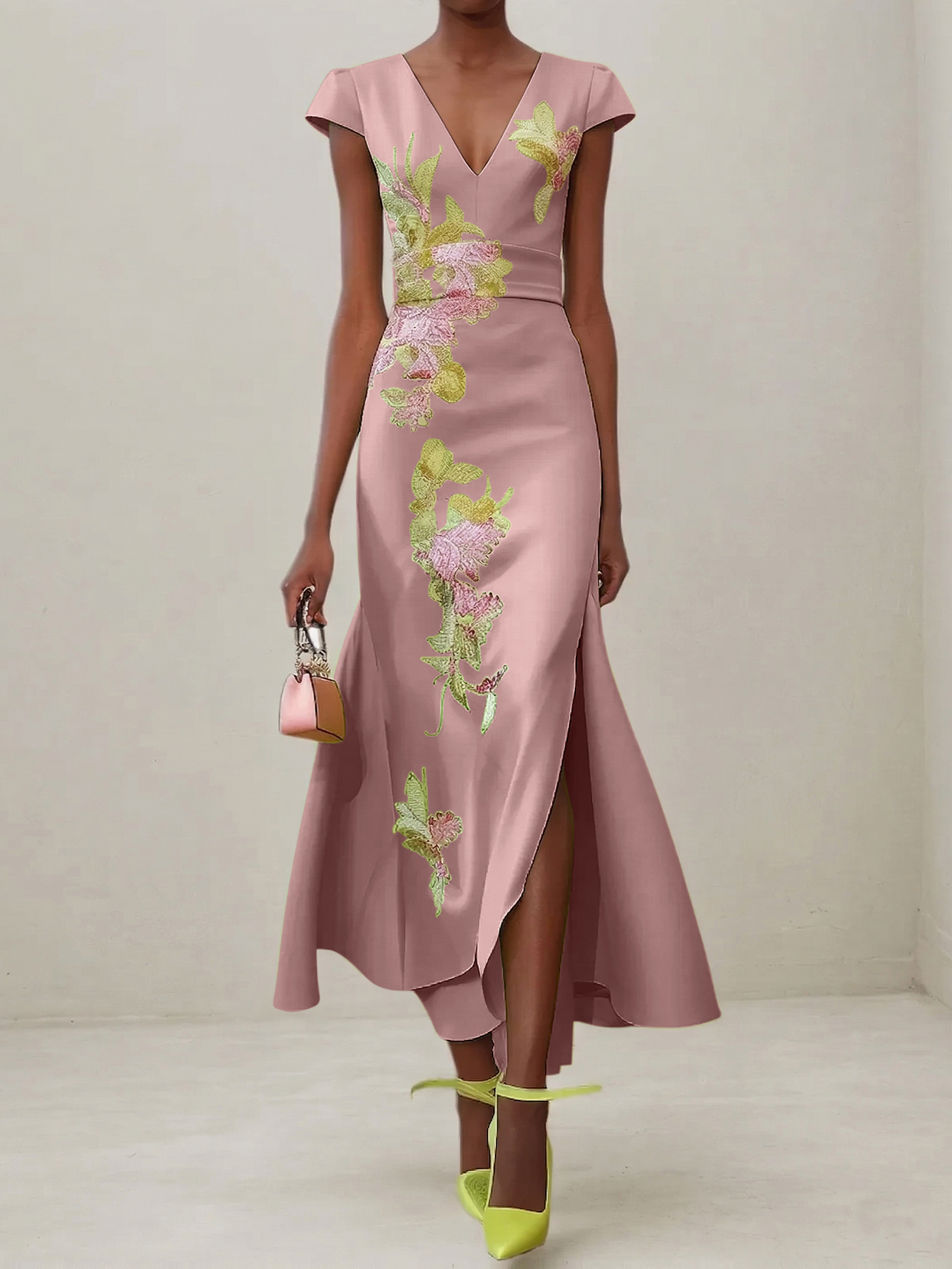 Elegant V-Neck Cap Sleeve Satin Midi Gown with Floral Embroidery & High Slit