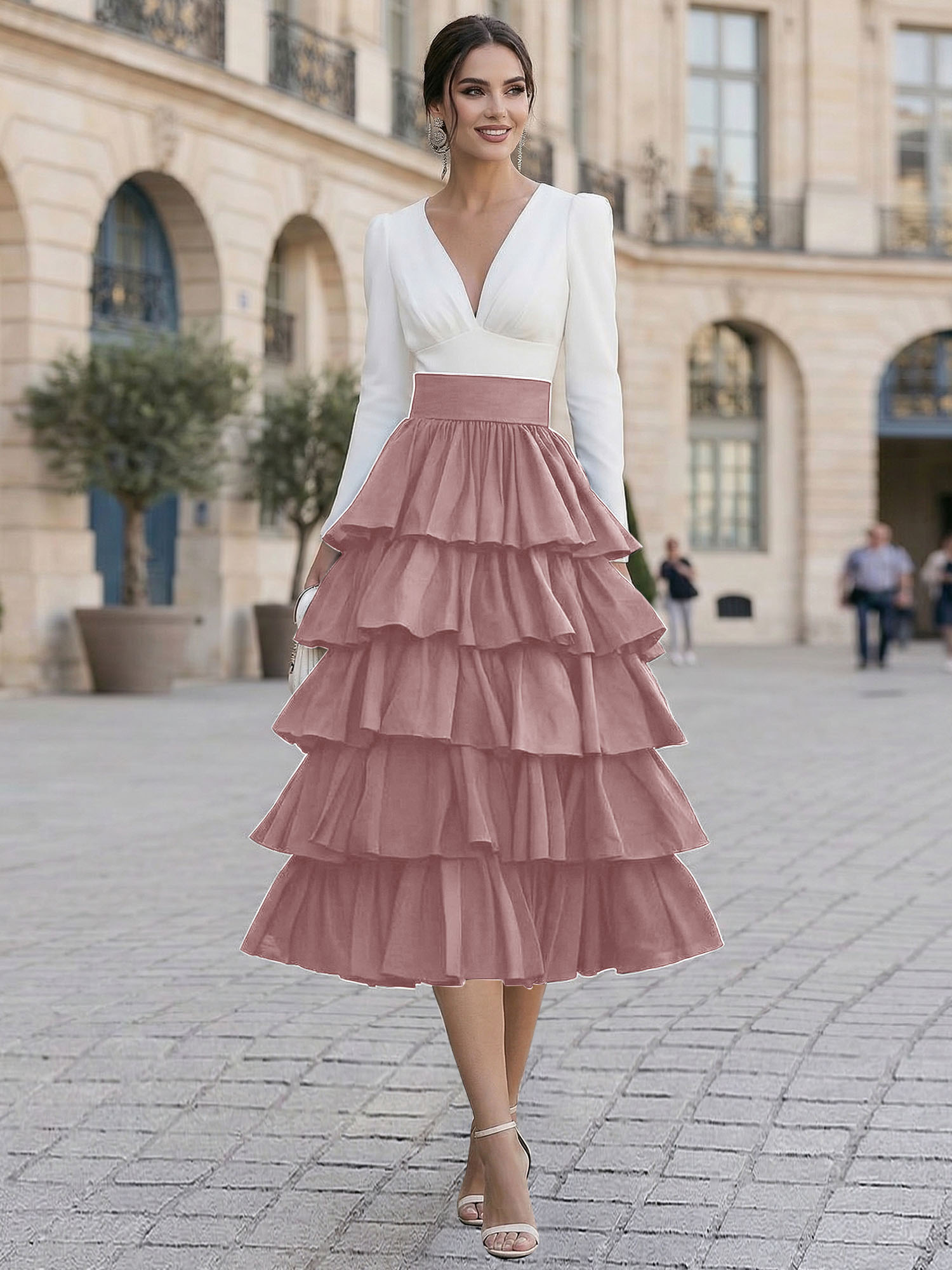 Elegant V-Neck Long Sleeve Tiered Ruffle Midi Dress with Contrast Waistband