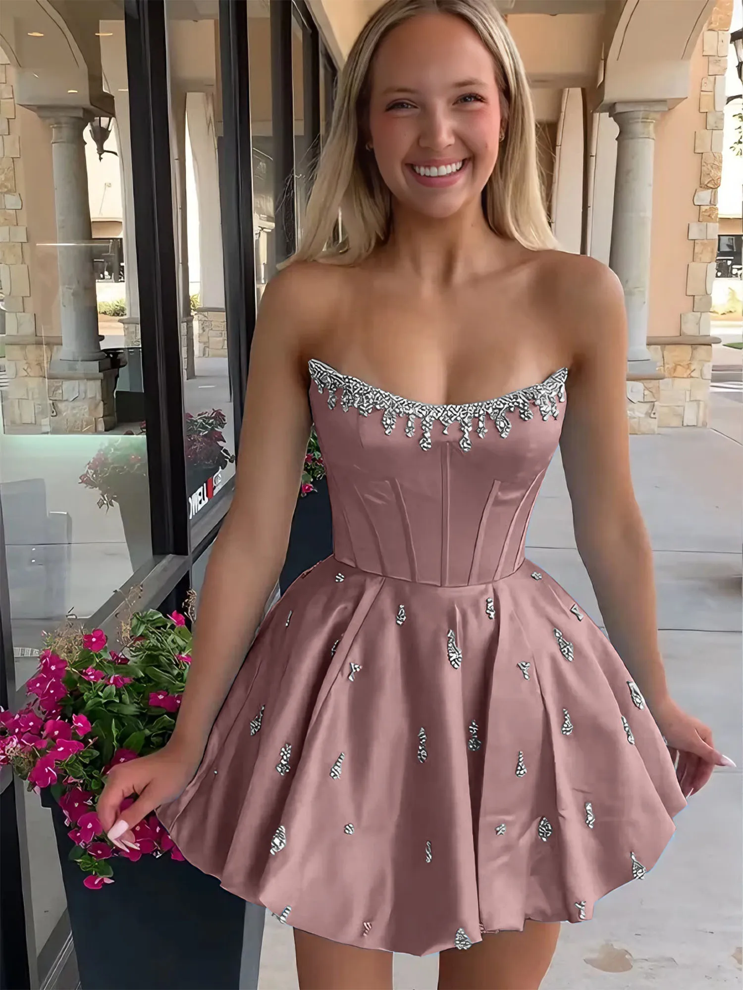 Strapless Beaded Corset Lace-Up Back Satin Homecoming Dress