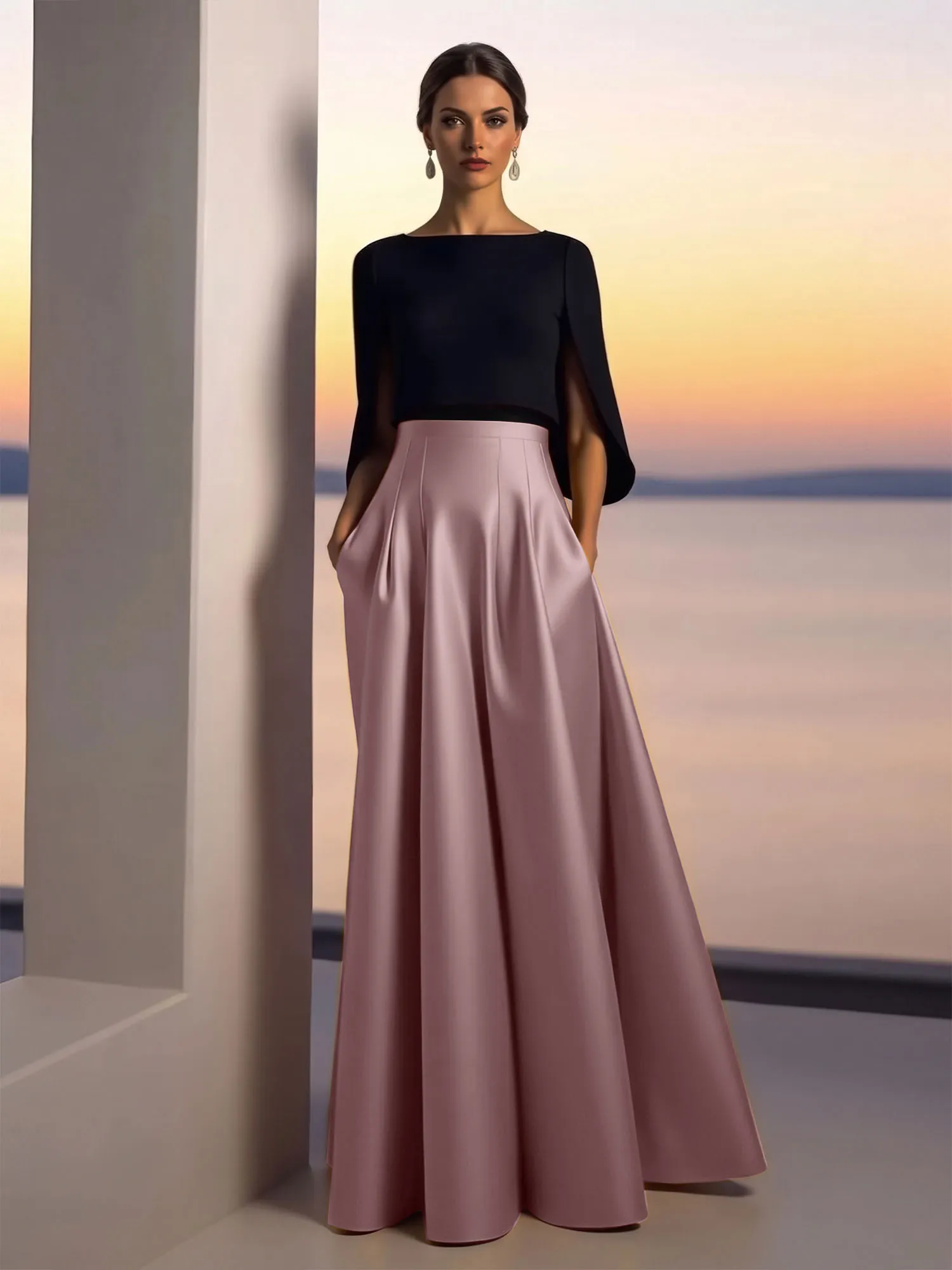Two-Piece Cape Sleeve Satin Ball Gown Evening Dress