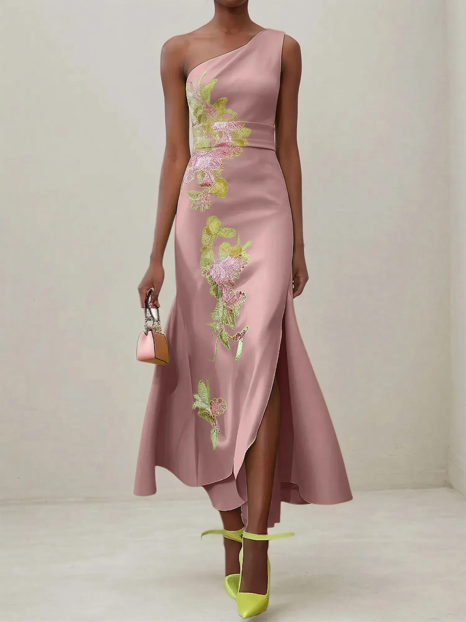 Elegant One Shoulder Cap Sleeve Satin Midi Gown with Floral Embroidery & High Slit