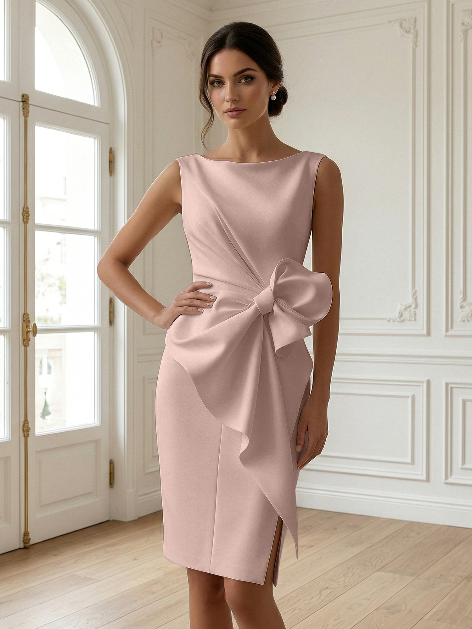 White 3D Bow Sleeveless Sheath Midi Dress Evening Gown