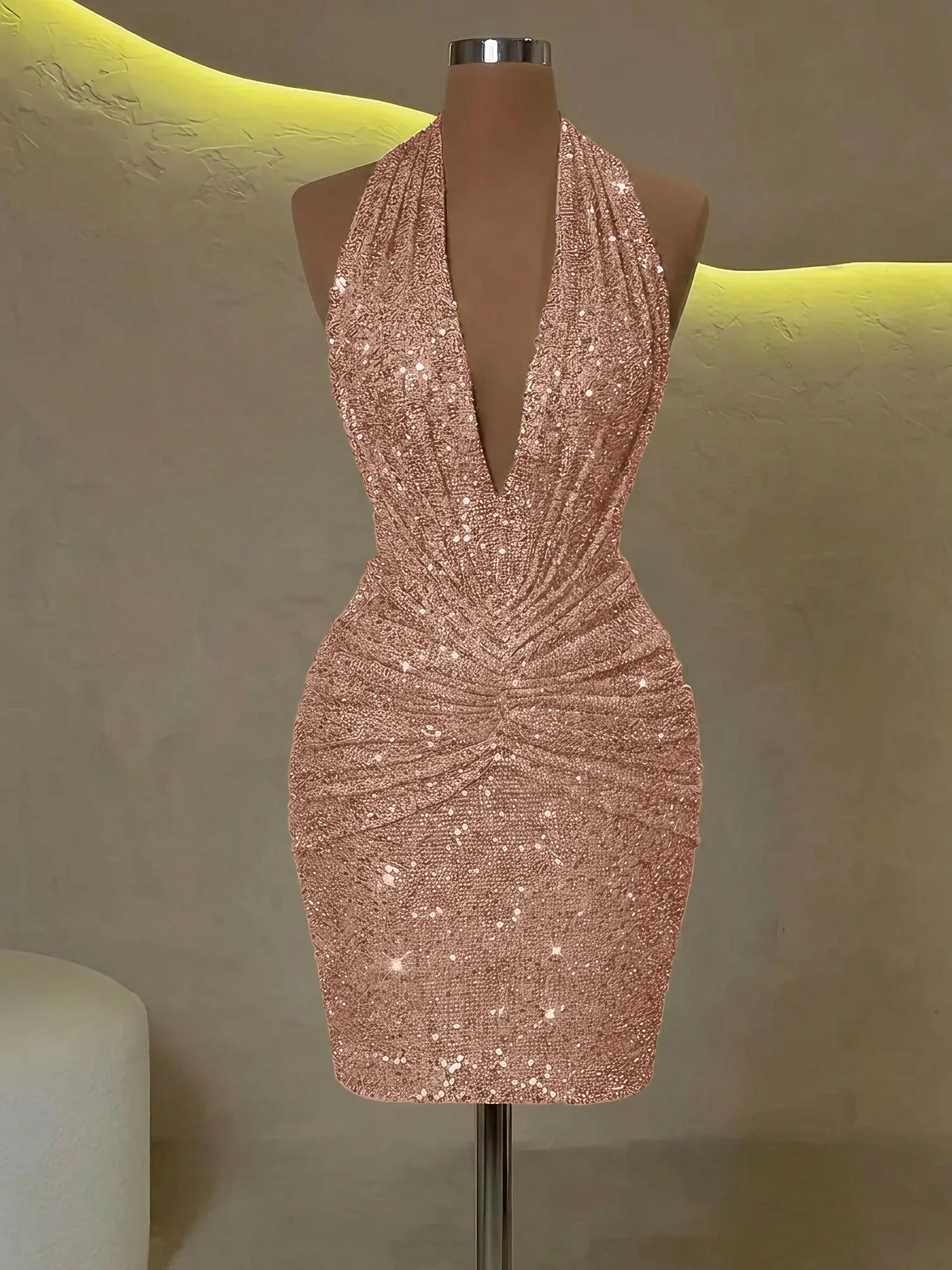 Sequin Halter Deep V-Neck Bodycon Homecoming Dress Mini Dress