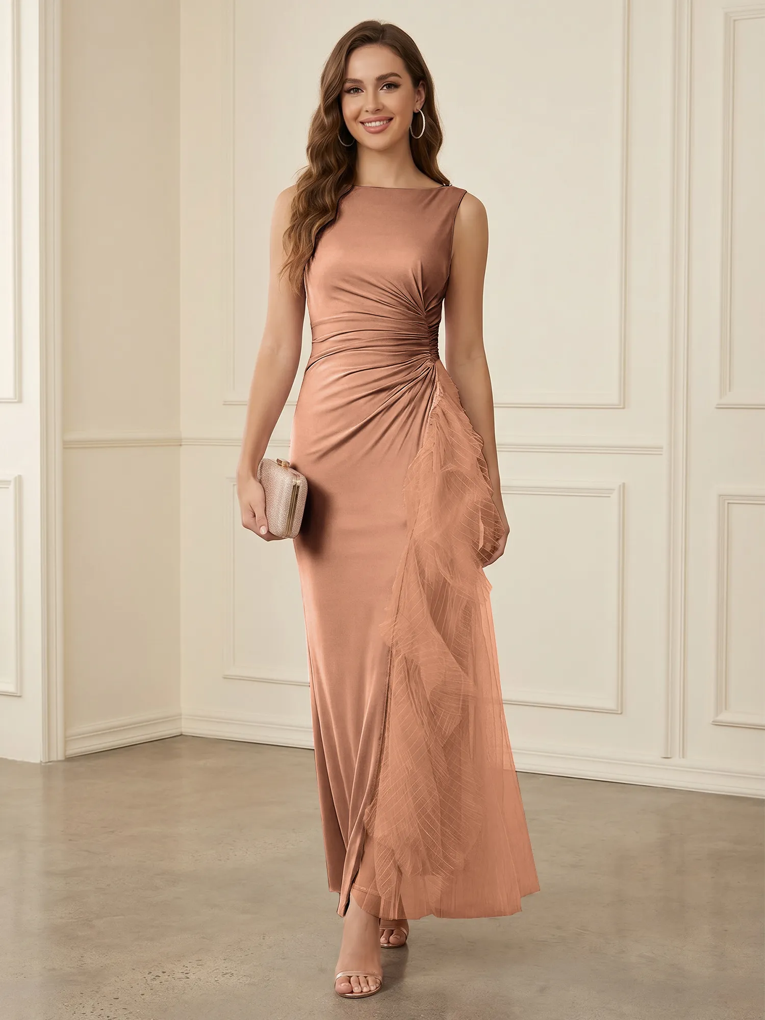 Sleeveless Ruched Sheath Evening Gown with Tulle Ruffle Detail