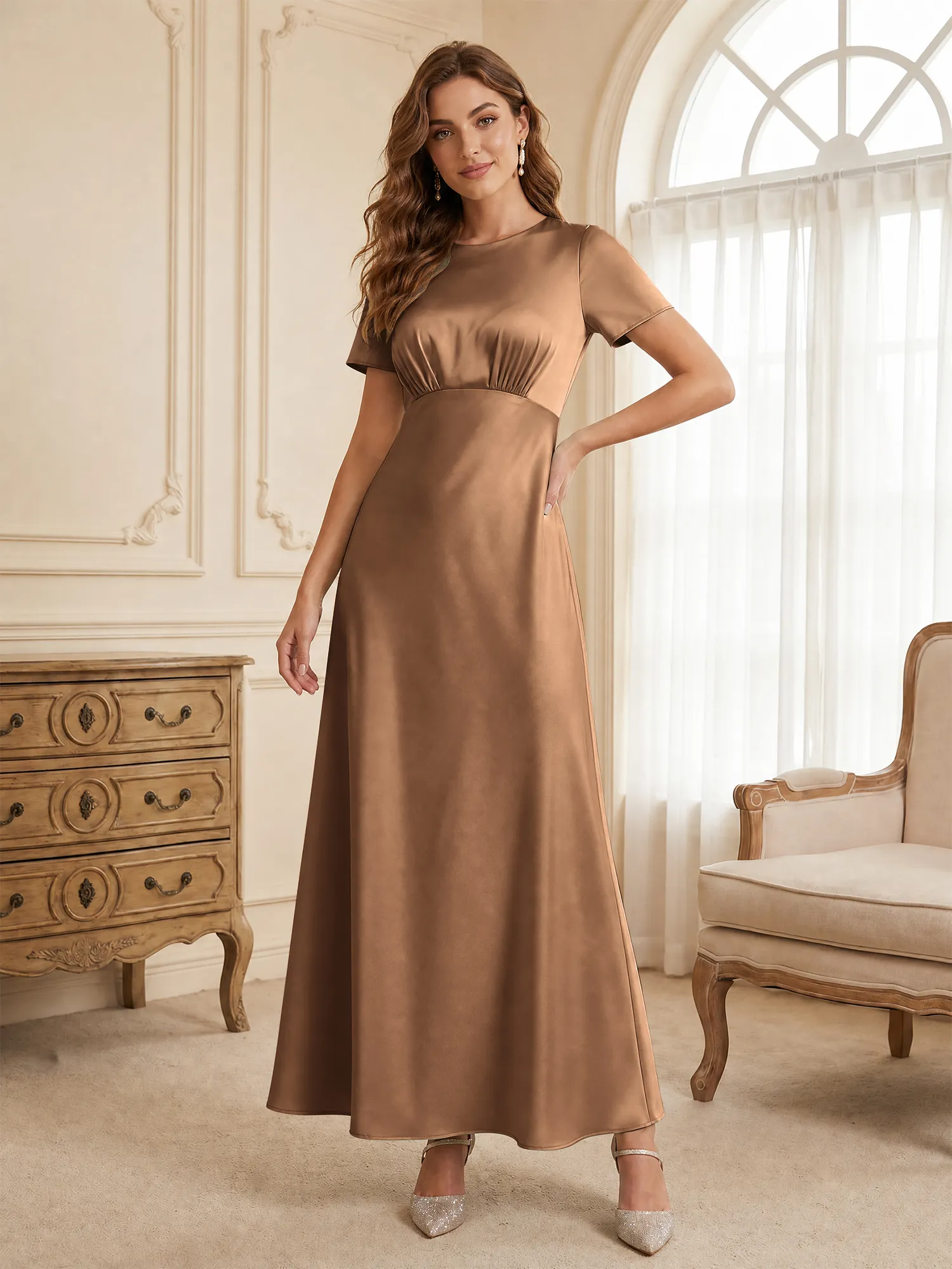 Round Neck Short Sleeve Satin Bridesmaid Dress