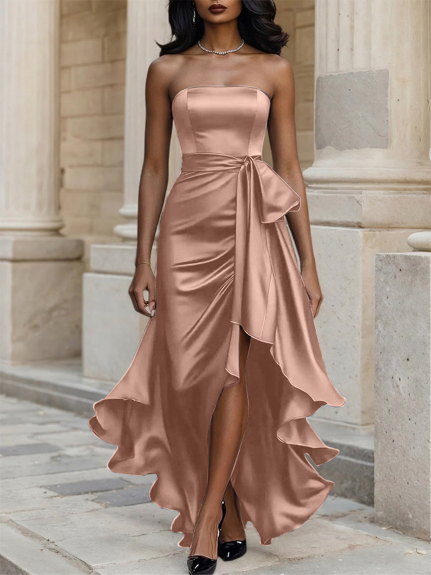 Glamorous Formal Dress Midnight Navy Strapless High-Low Satin Gown Midi Dress