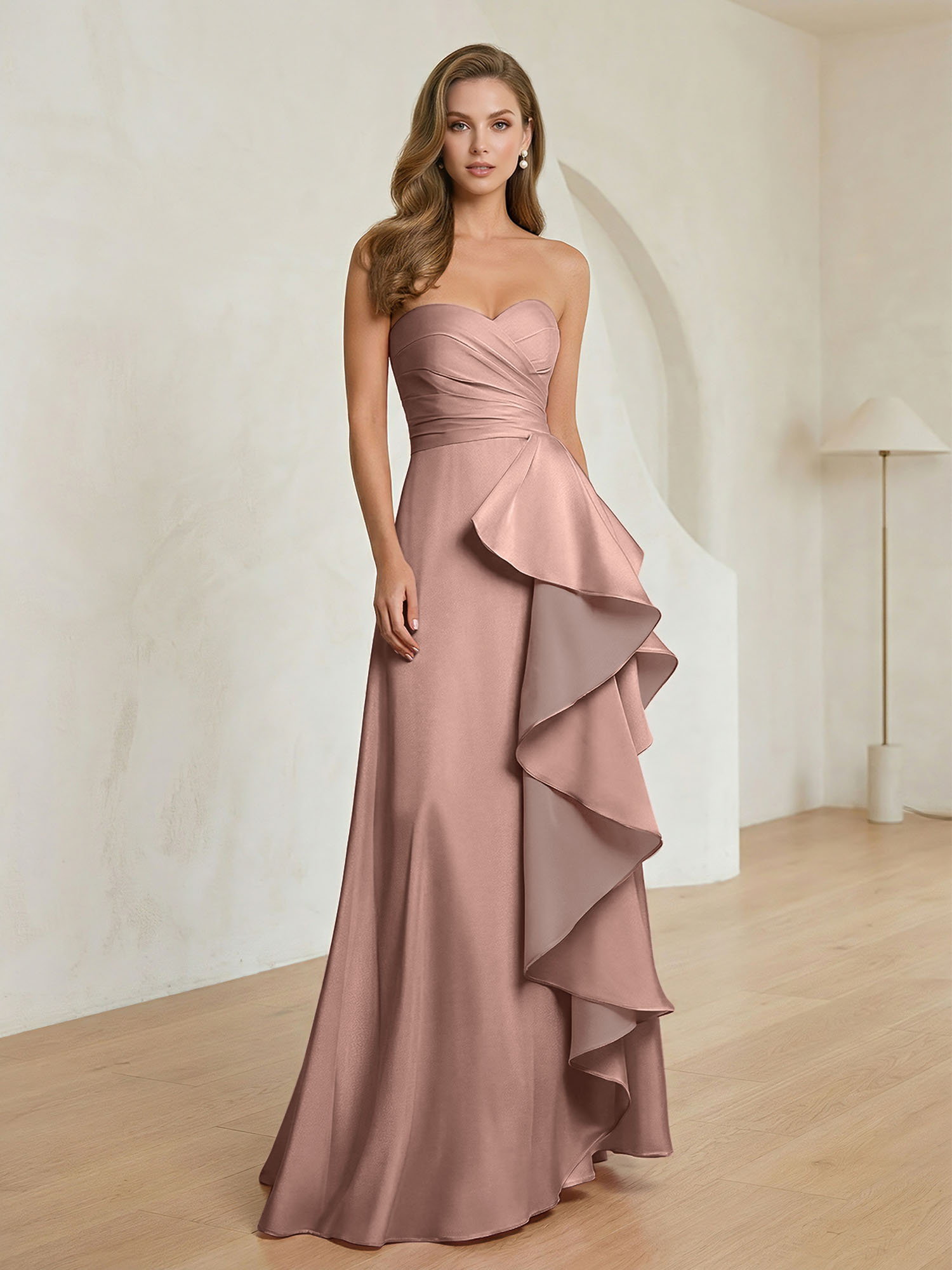 Formal Evening Dress Blush Strapless Ruffle Maxi Dress Gown