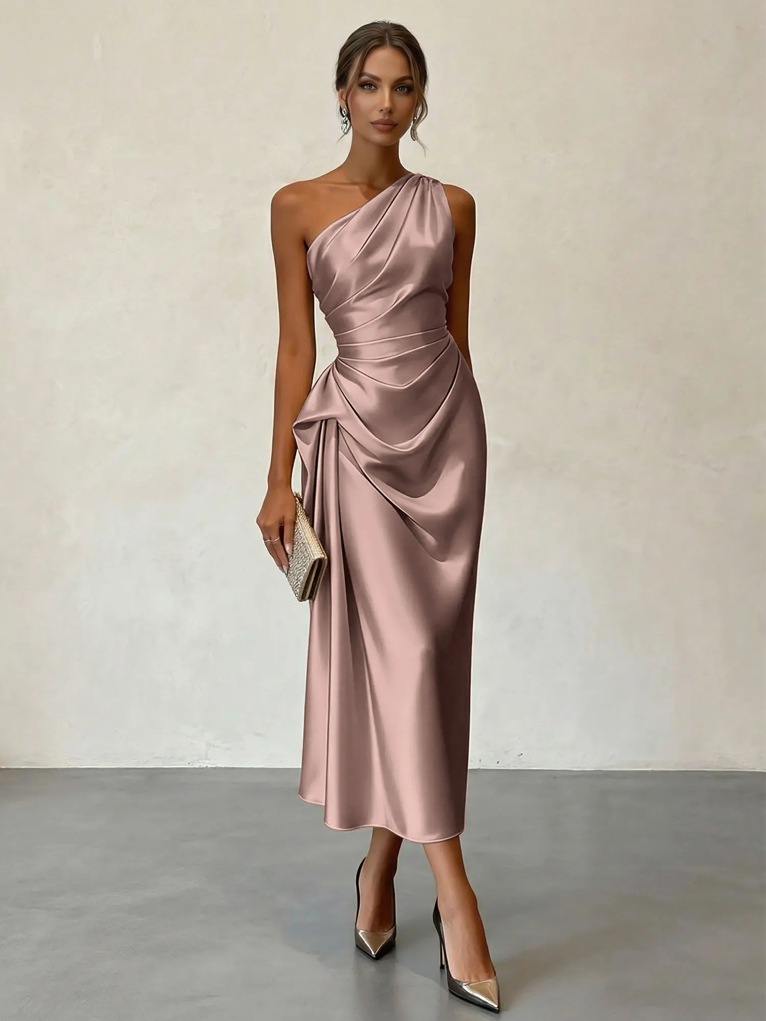 One-Shoulder Ruched Satin Midi Evening Dress with Draped Detail