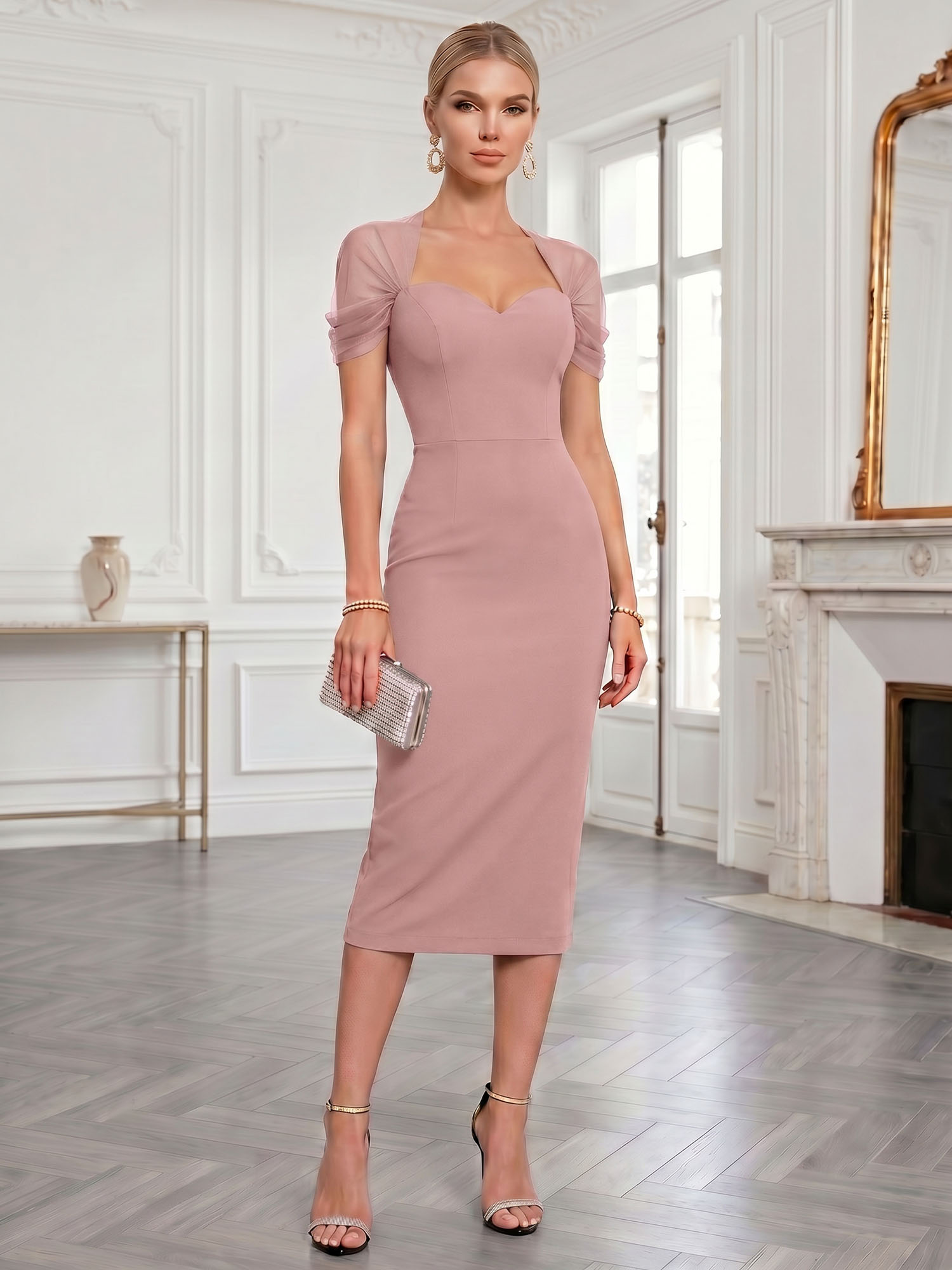 Sophisticated Black Mesh-Draped Sweetheart Midi Evening Gown