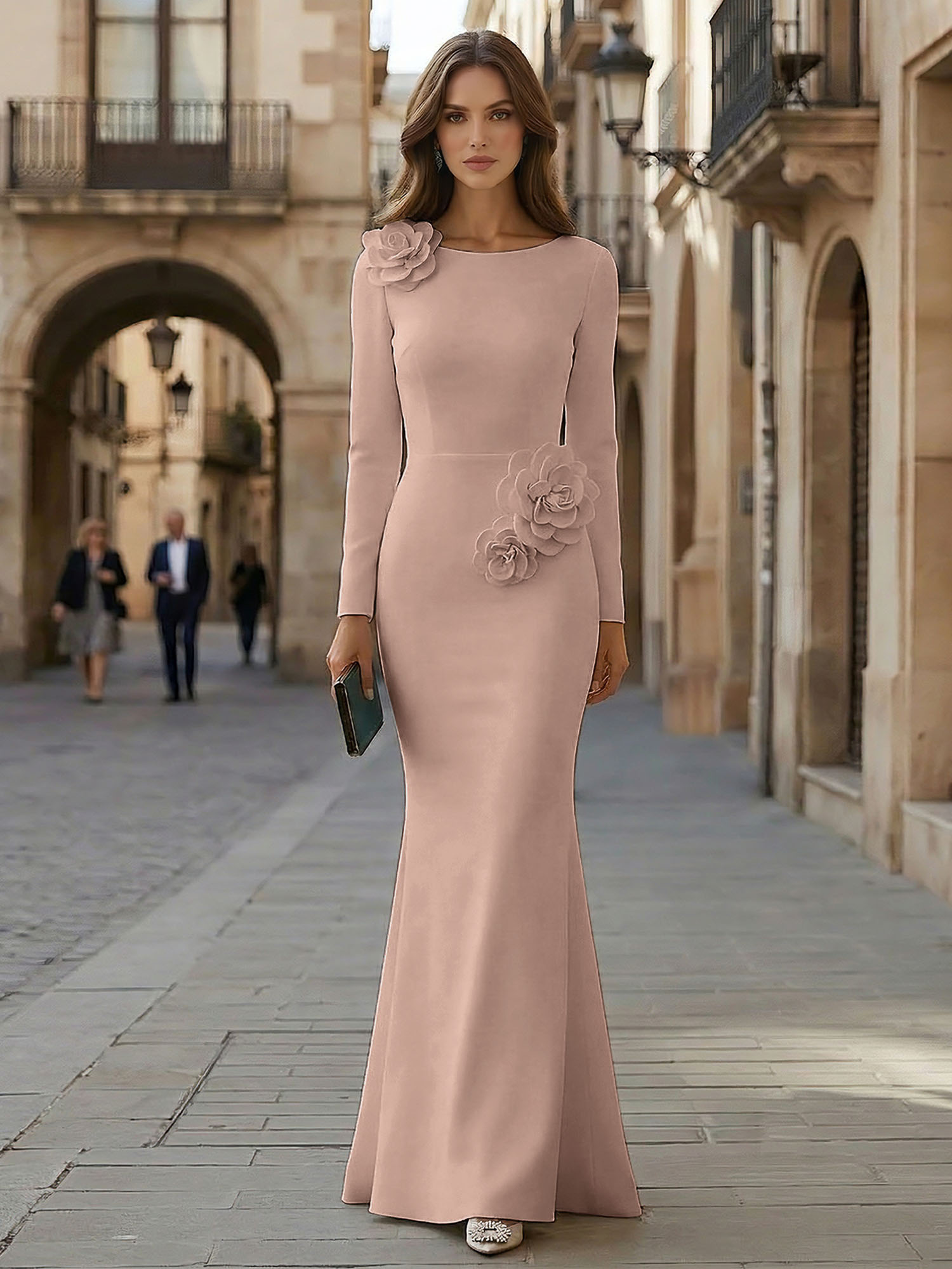 Elegant Pure White Formal Evening Dress Long-Sleeve 3D Floral Crepe Maxi Dress Gown