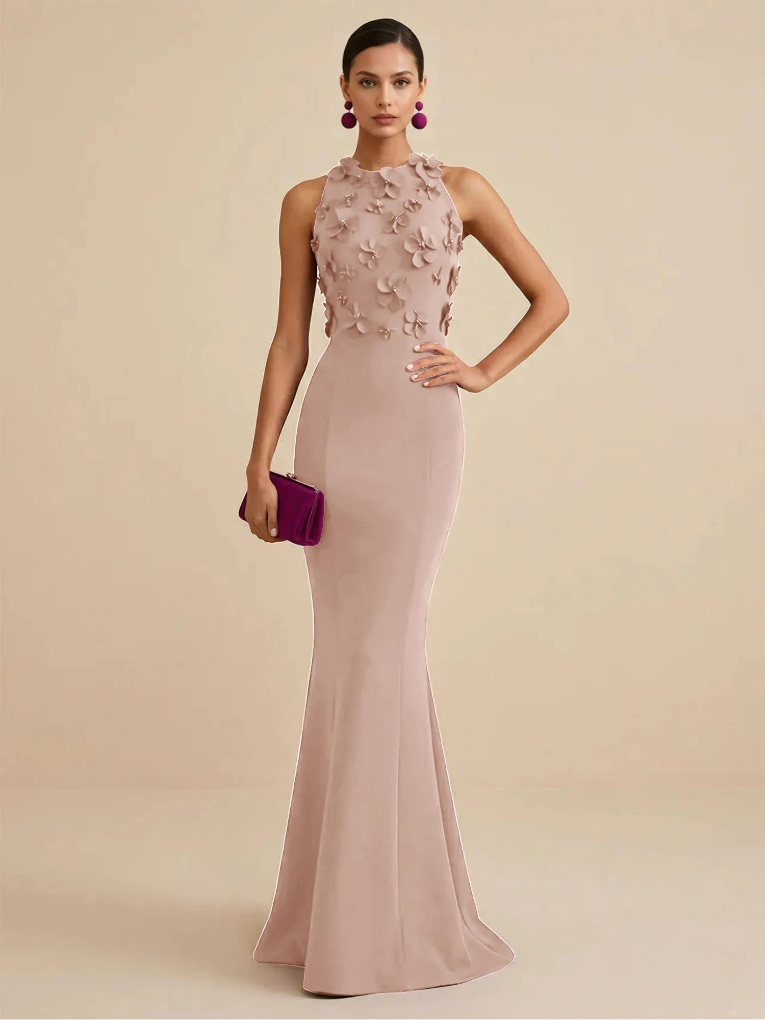 Scoop Neck 3D Floral Appliqué Crepe Mermaid Evening Gown