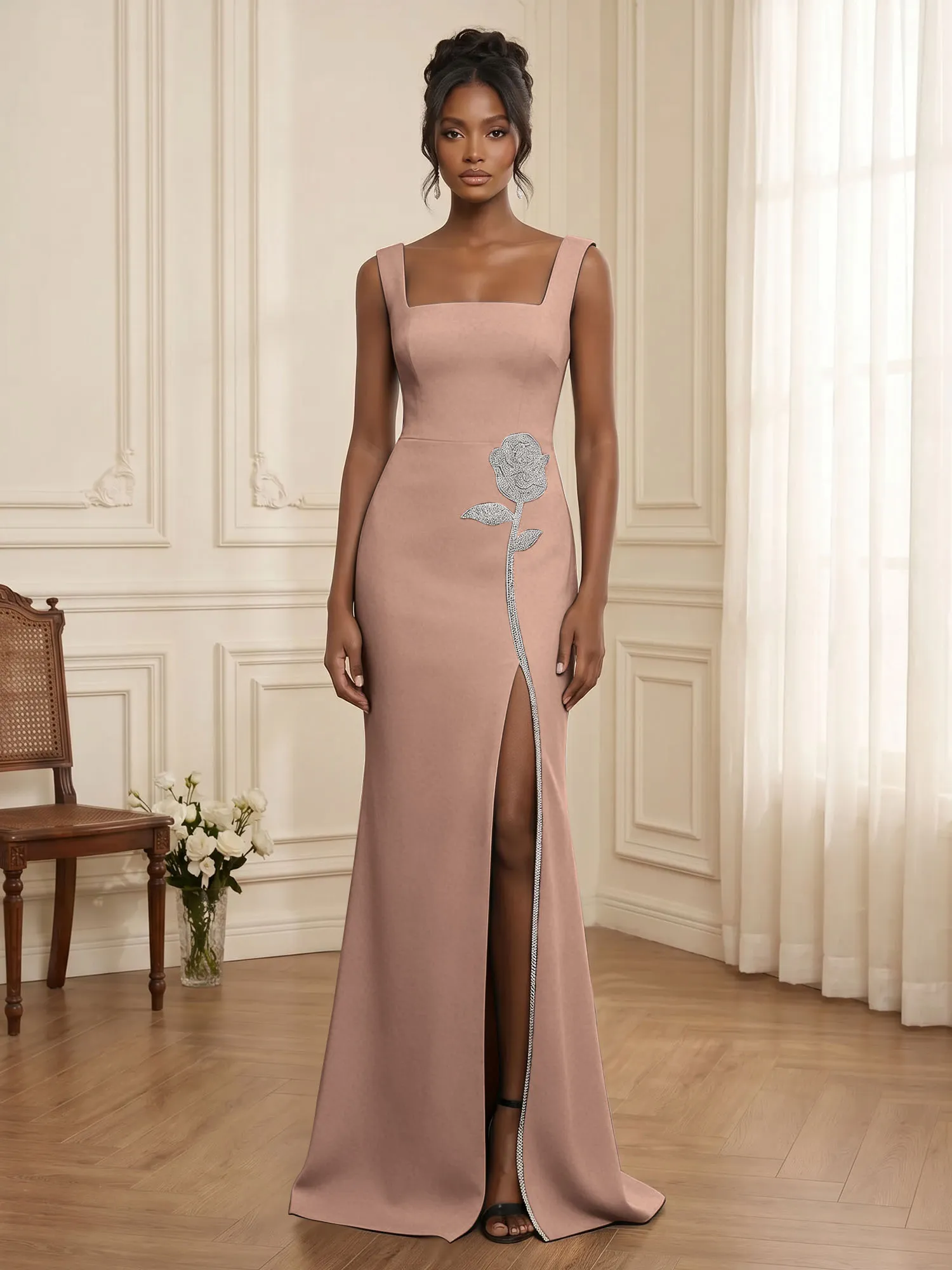Square Neck Crystal Rose Appliqué Crepe Mermaid Evening Gown