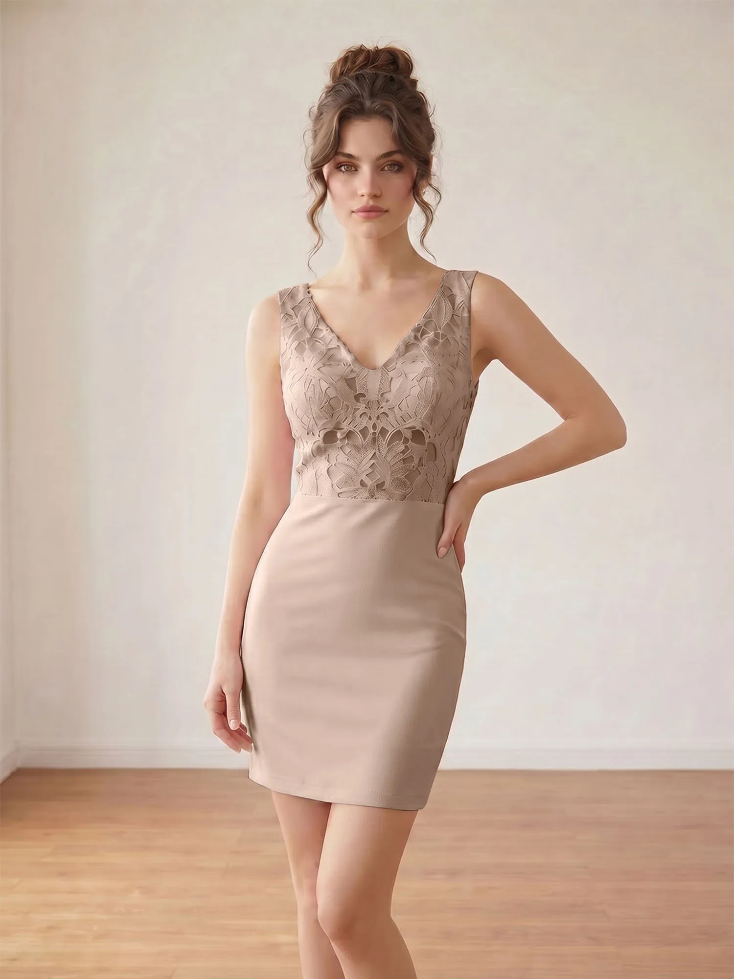Blush Pink V-Neck Lace & Crepe Homecoming Bodycon Mini Dress