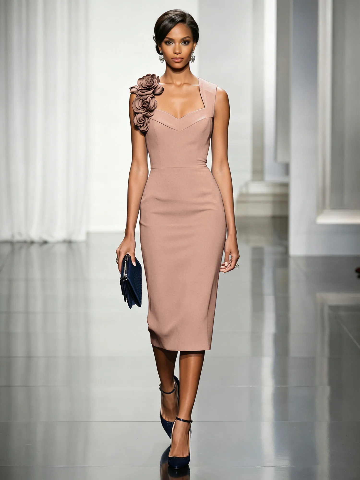 Asymmetric Neckline Crepe Midi Dress with 3D Floral Appliqué