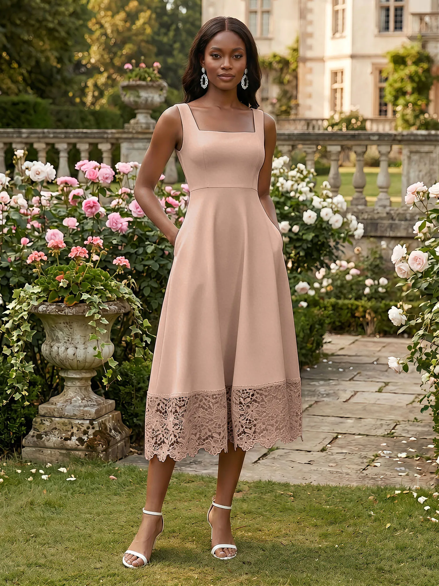 Square Neck Crepe Midi Evening Dress with Lace Hem