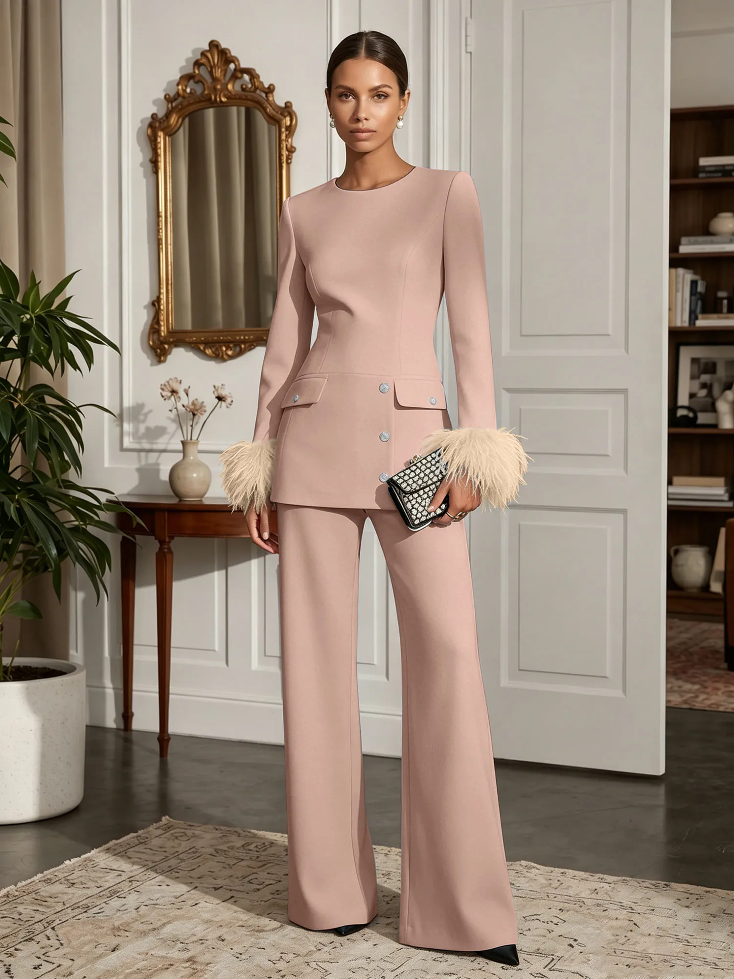 Scoop Neck Feather Cuff Tailored Evening Pant Suit