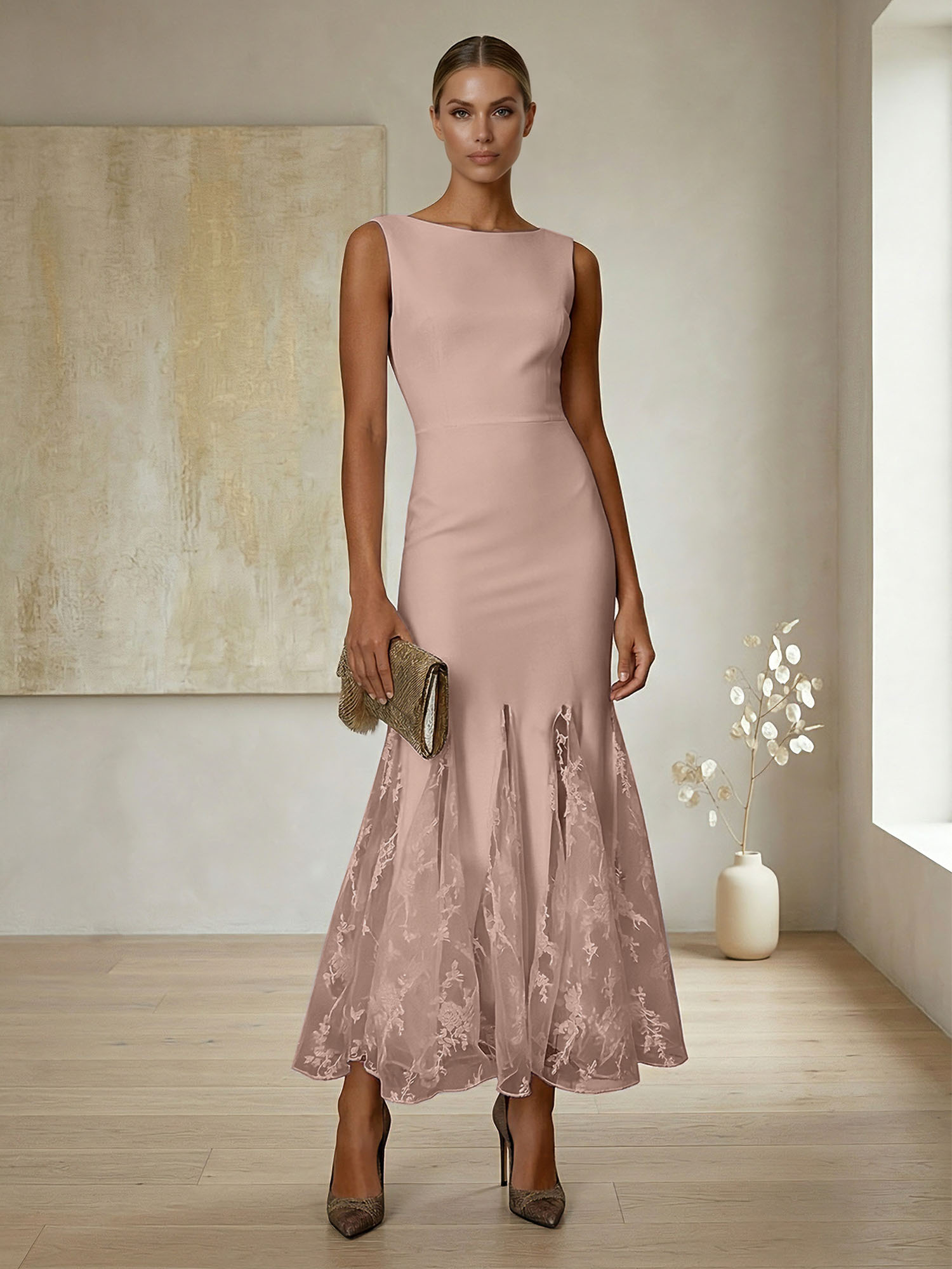 Elegant Formal Evening Gown Lilac Sleeveless Midi Dress with Embroidered Lace Godets