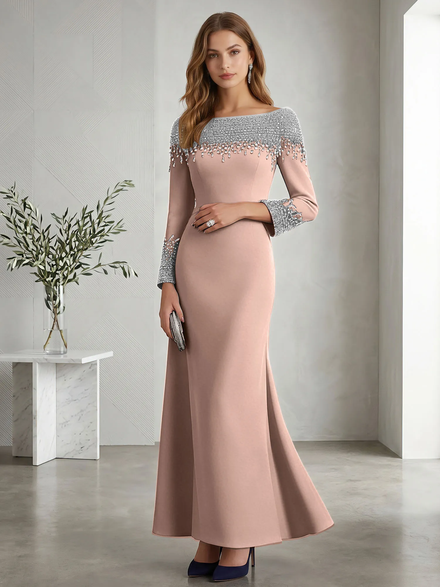 Beaded Off-the-Shoulder Long Sleeve Mermaid Evening Gown