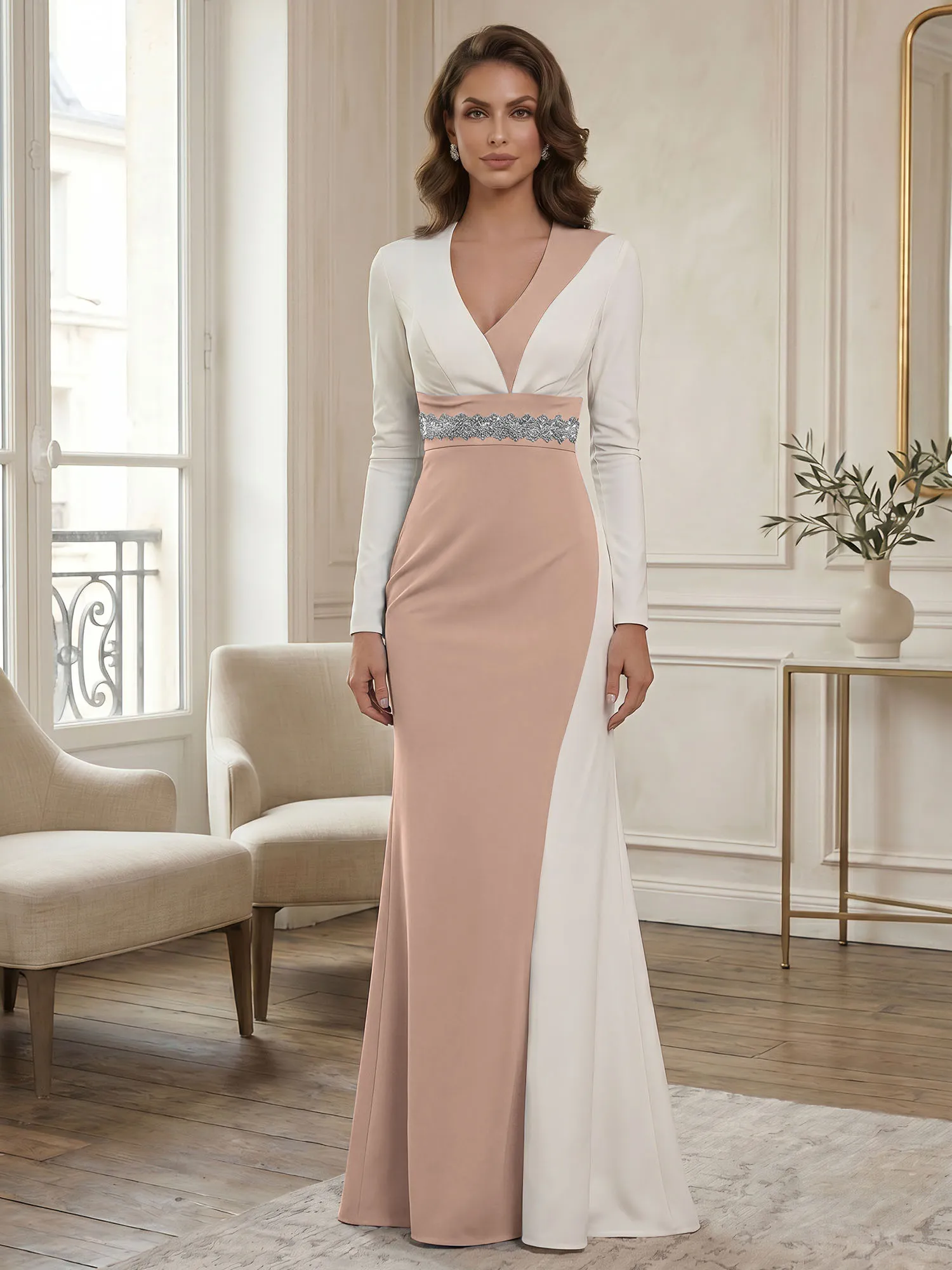 Two-Tone Long Sleeve Mermaid Evening Gown with Beaded Waistband