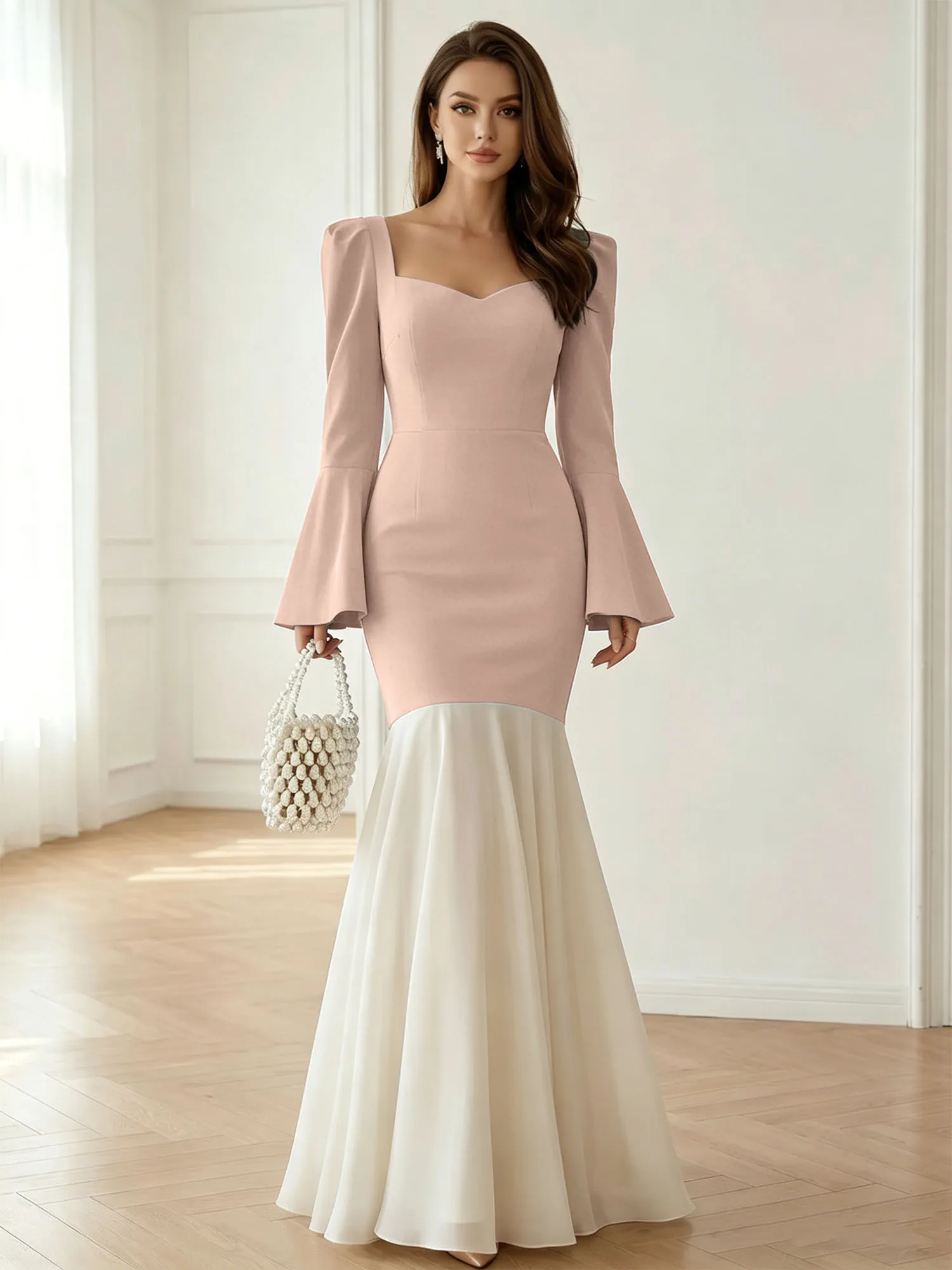 Sweetheart Neck Bell Sleeve Two-Tone Mermaid Evening Gown