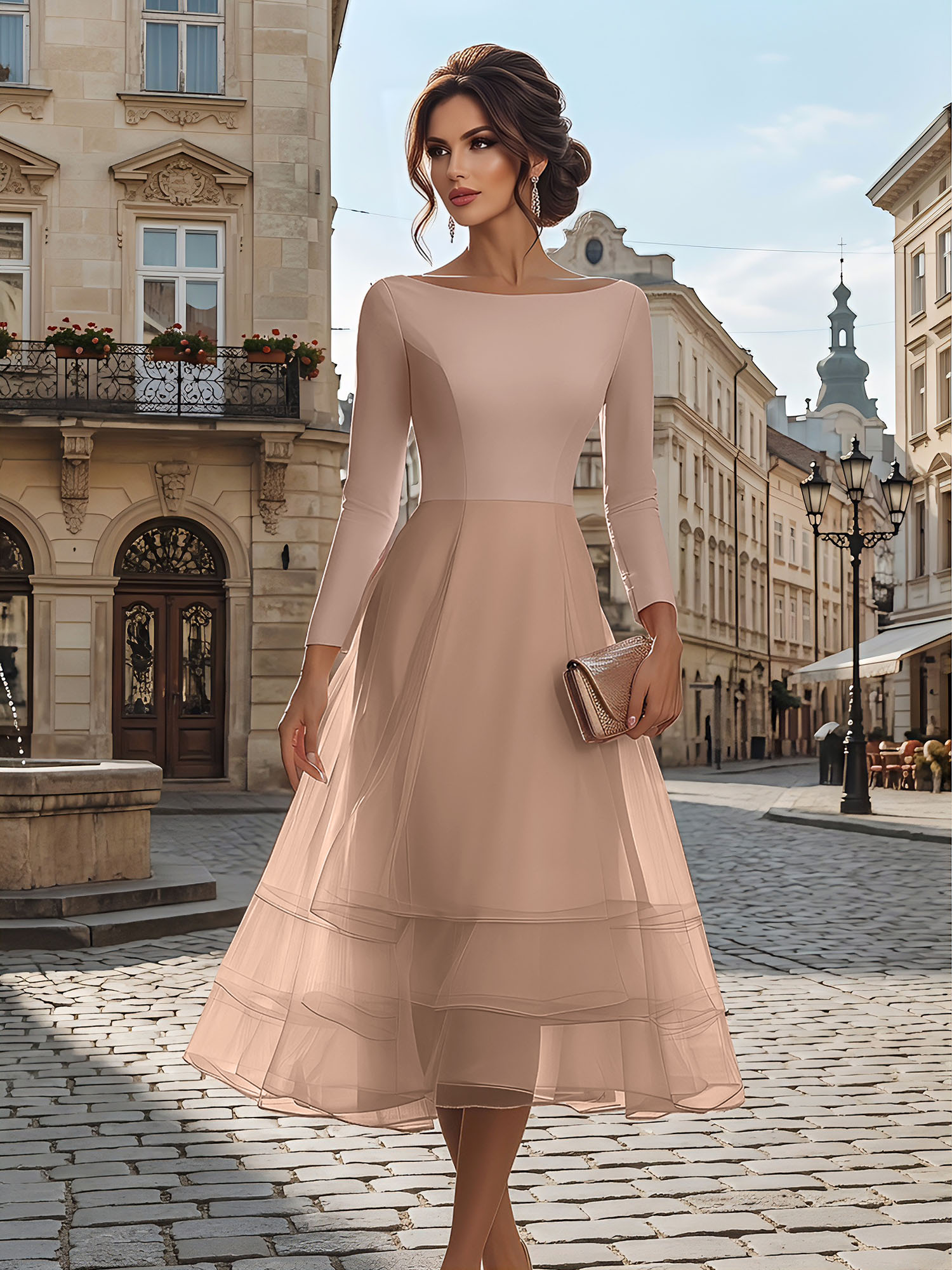 Timeless Evening Foraml Gown Blush Pink Long-Sleeve Layered Organza Midi Dress
