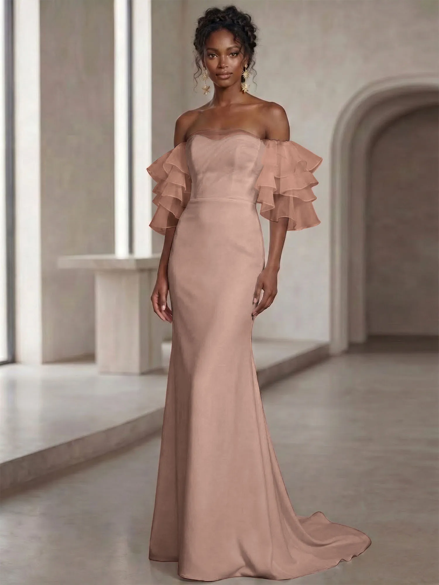 Off-the-Shoulder Tiered Organza Sleeve Mermaid Evening Gown