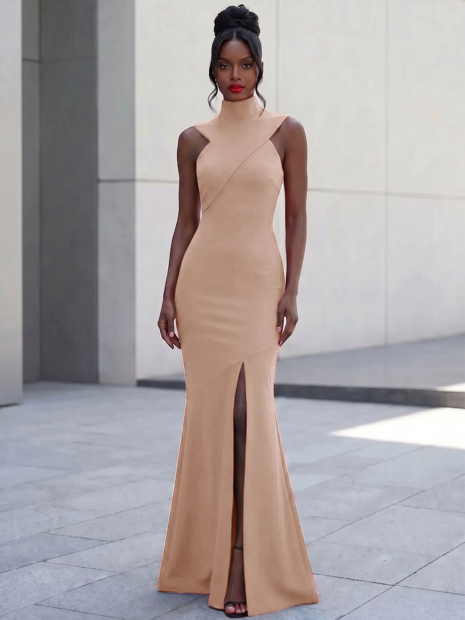 High Neck Asymmetric Cutout Mermaid Evening Gown