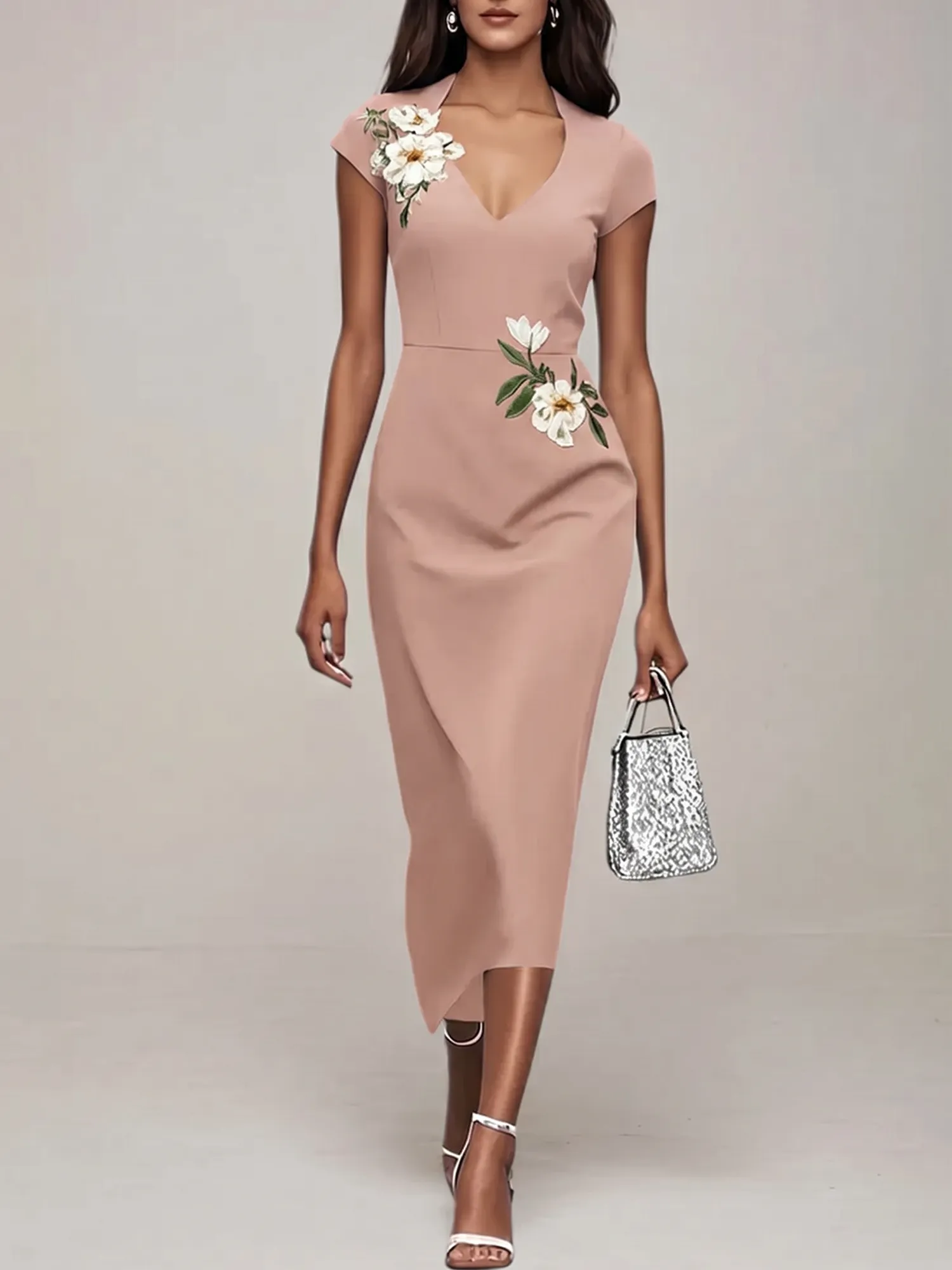 V-Neck Cap Sleeve Floral Embroidered Sheath Evening Dress
