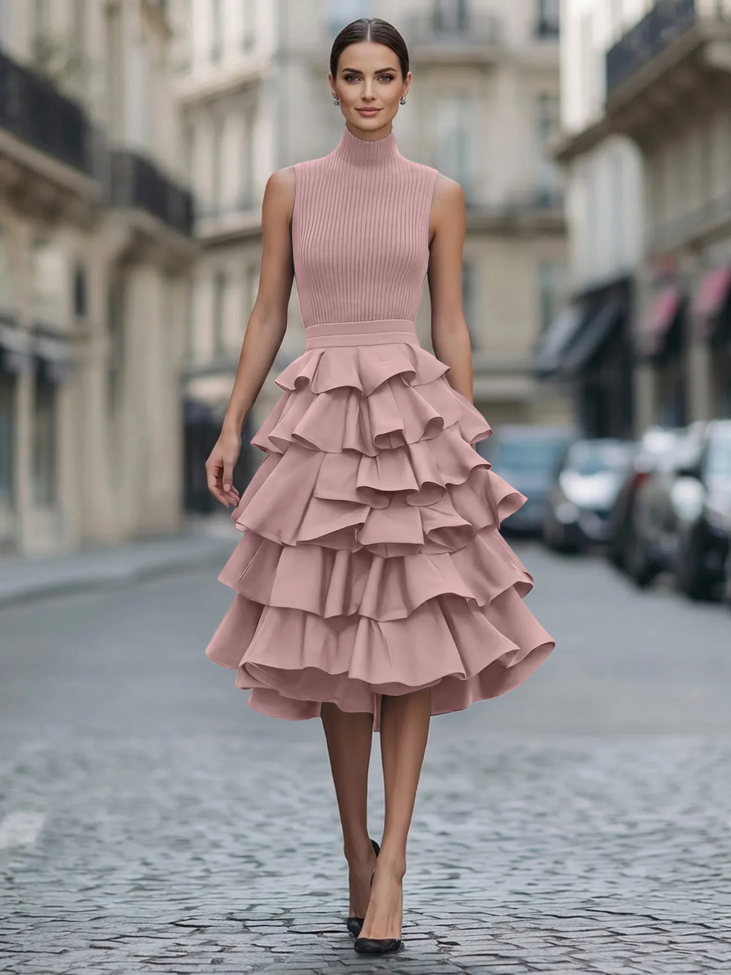 A Line High-Neck Pleated Tiered Evening Dress Maxi Dress