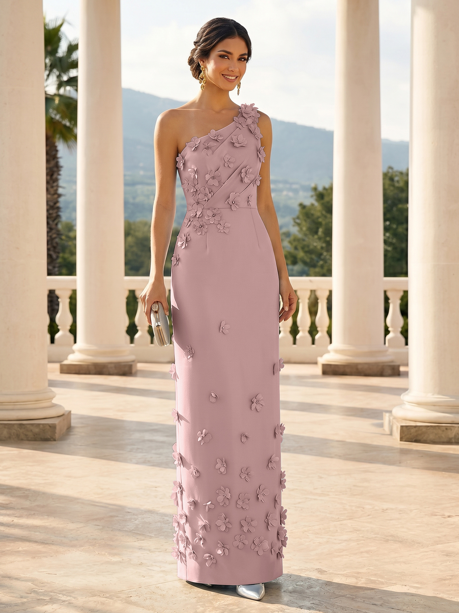 Enchanting Sky Blue One-Shoulder Evening Dress with 3D Floral Appliqués