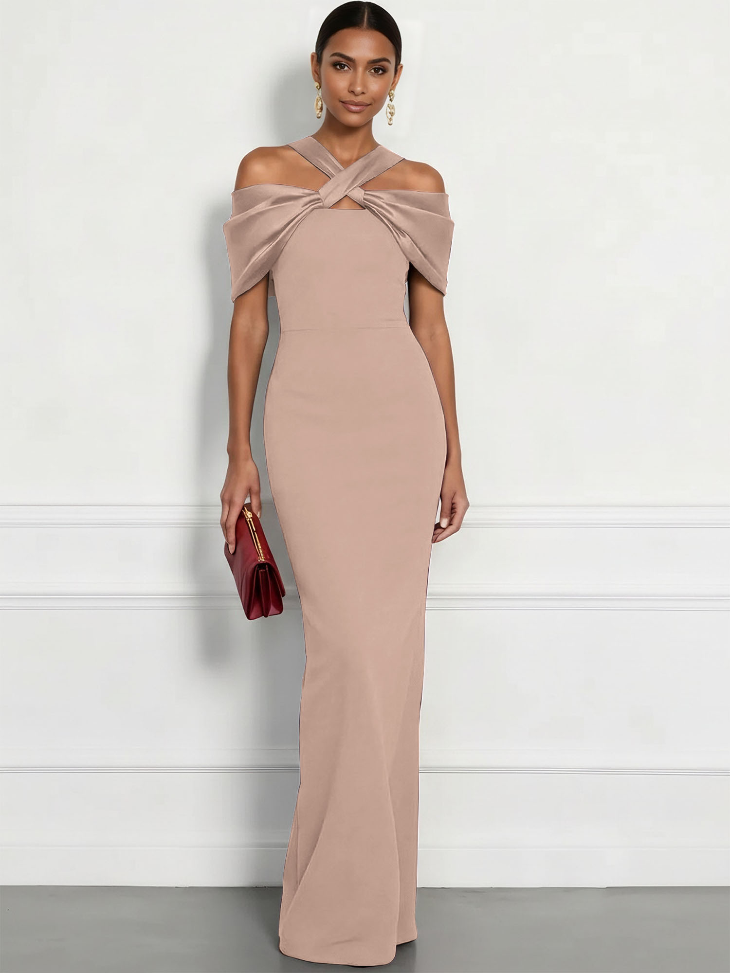  Regal Plum Crepe Column Gown with Satin Criss-Cross Halter Maxi Dress