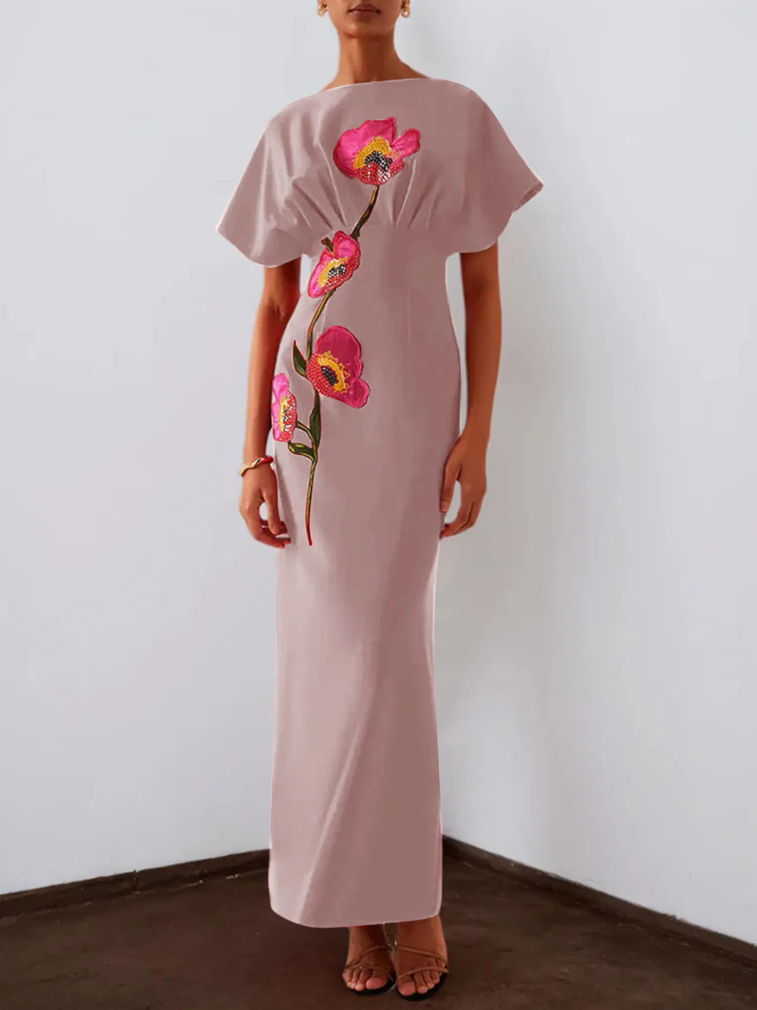 Floral Embroidered Boat Neck Batwing Sleeve Column Evening Gown