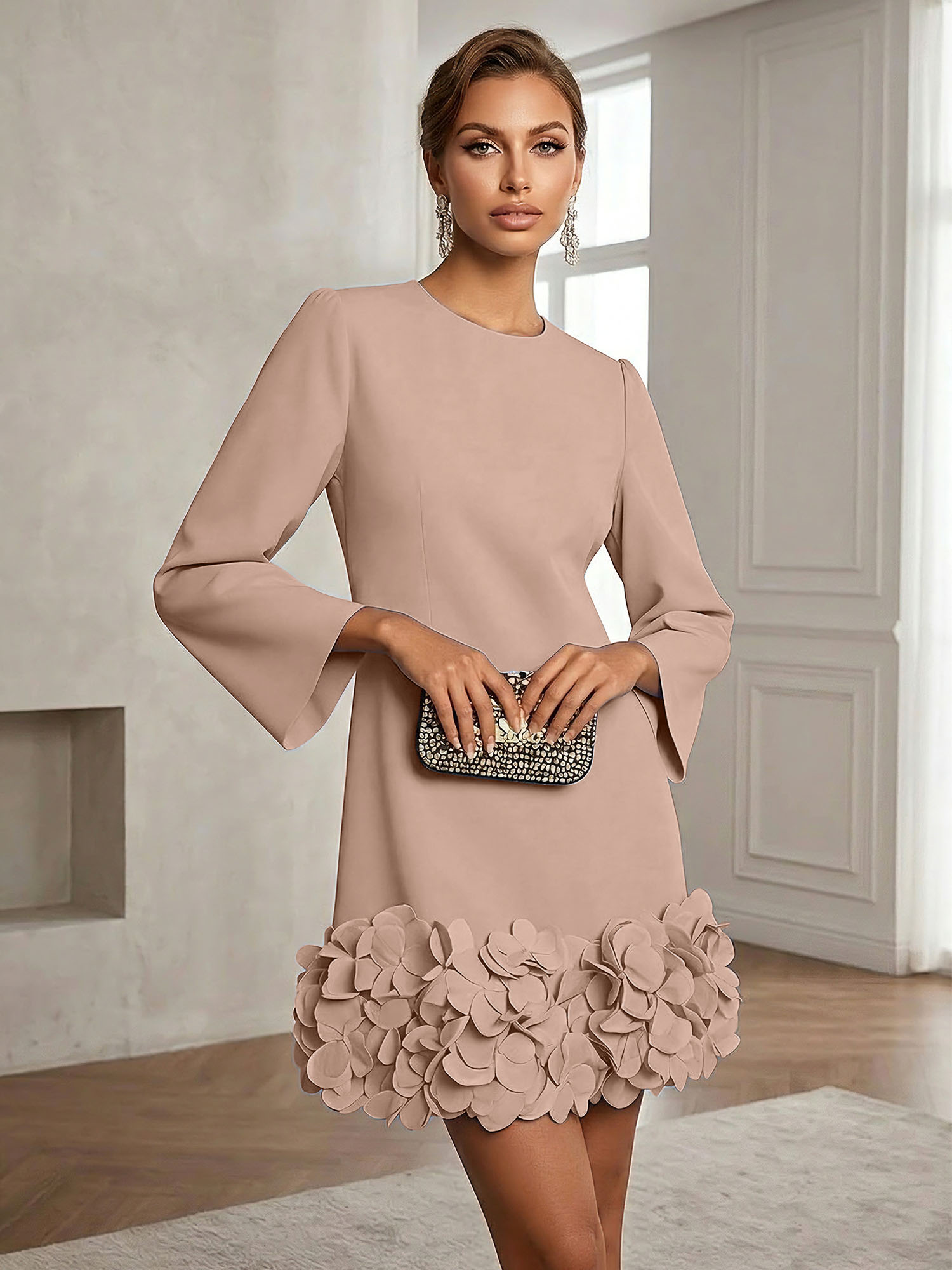 Powder Blue 3D Floral Classic Crew Neck Bell Long Sleeve Shift Mini Dress