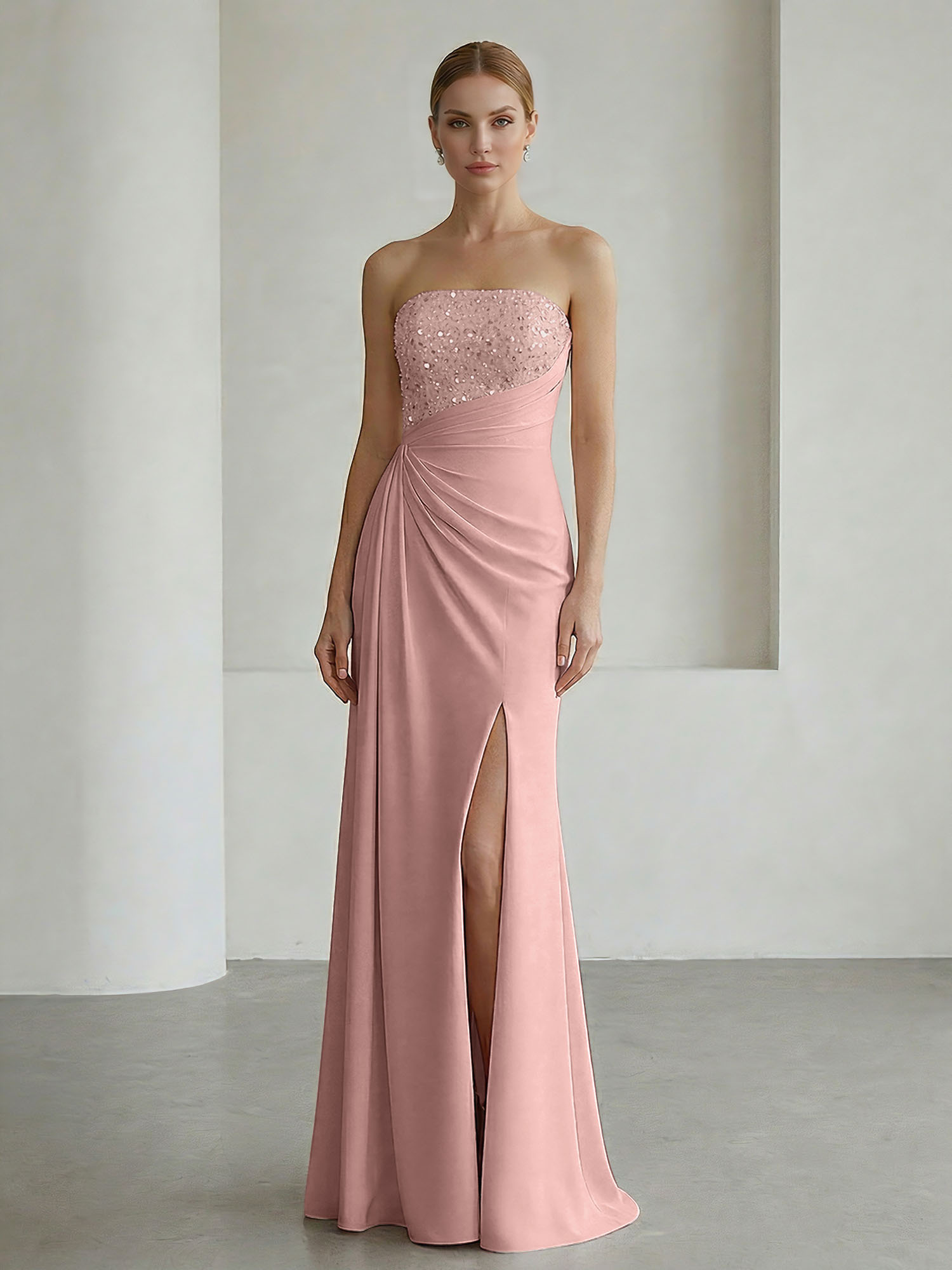 Glamorous Formal Evening Dress Soft Blush Beaded Strapless Slit Gown