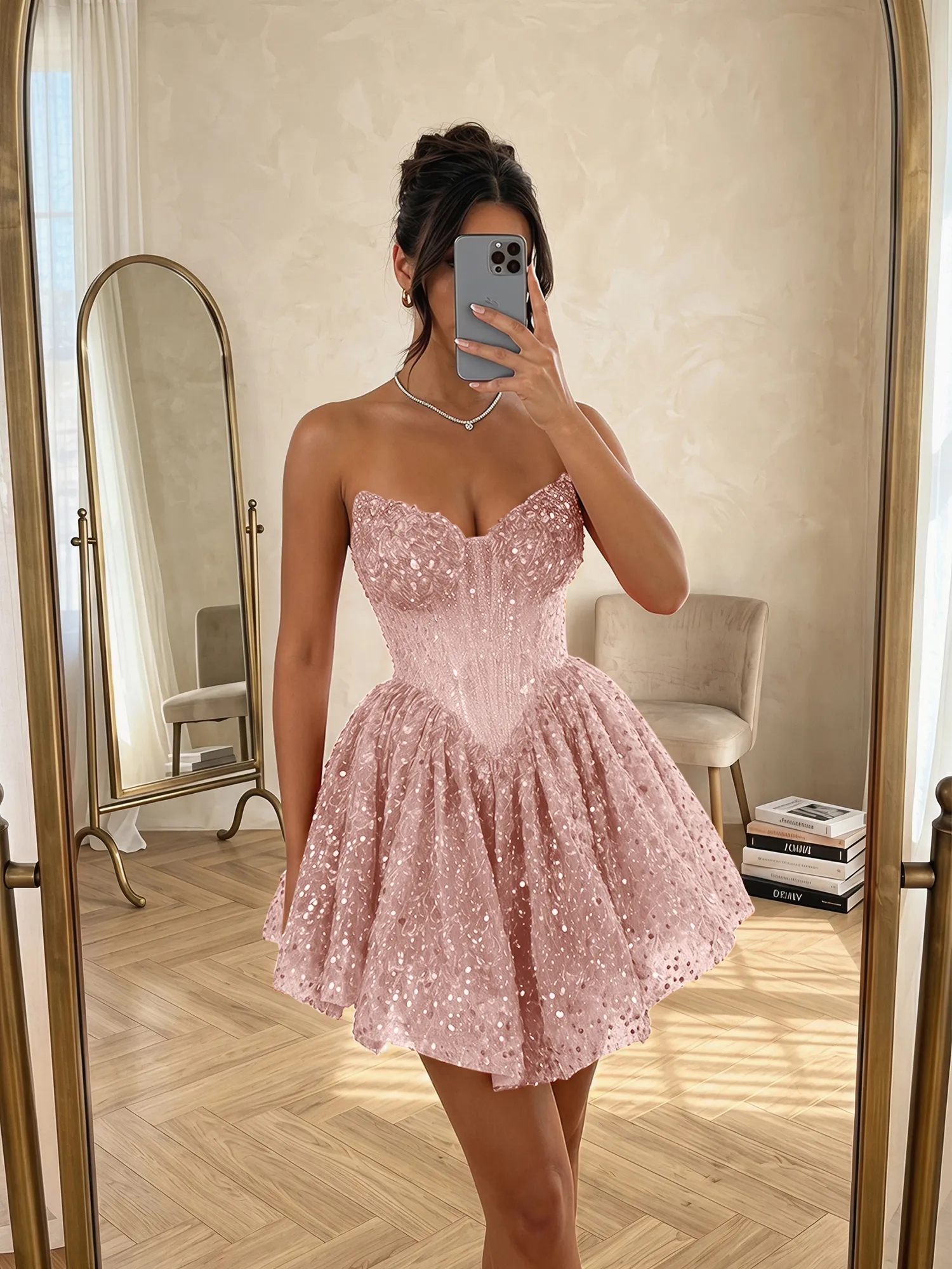 Strapless Sequin Pearl Corset Homecoming Dress with Lace-Up Back