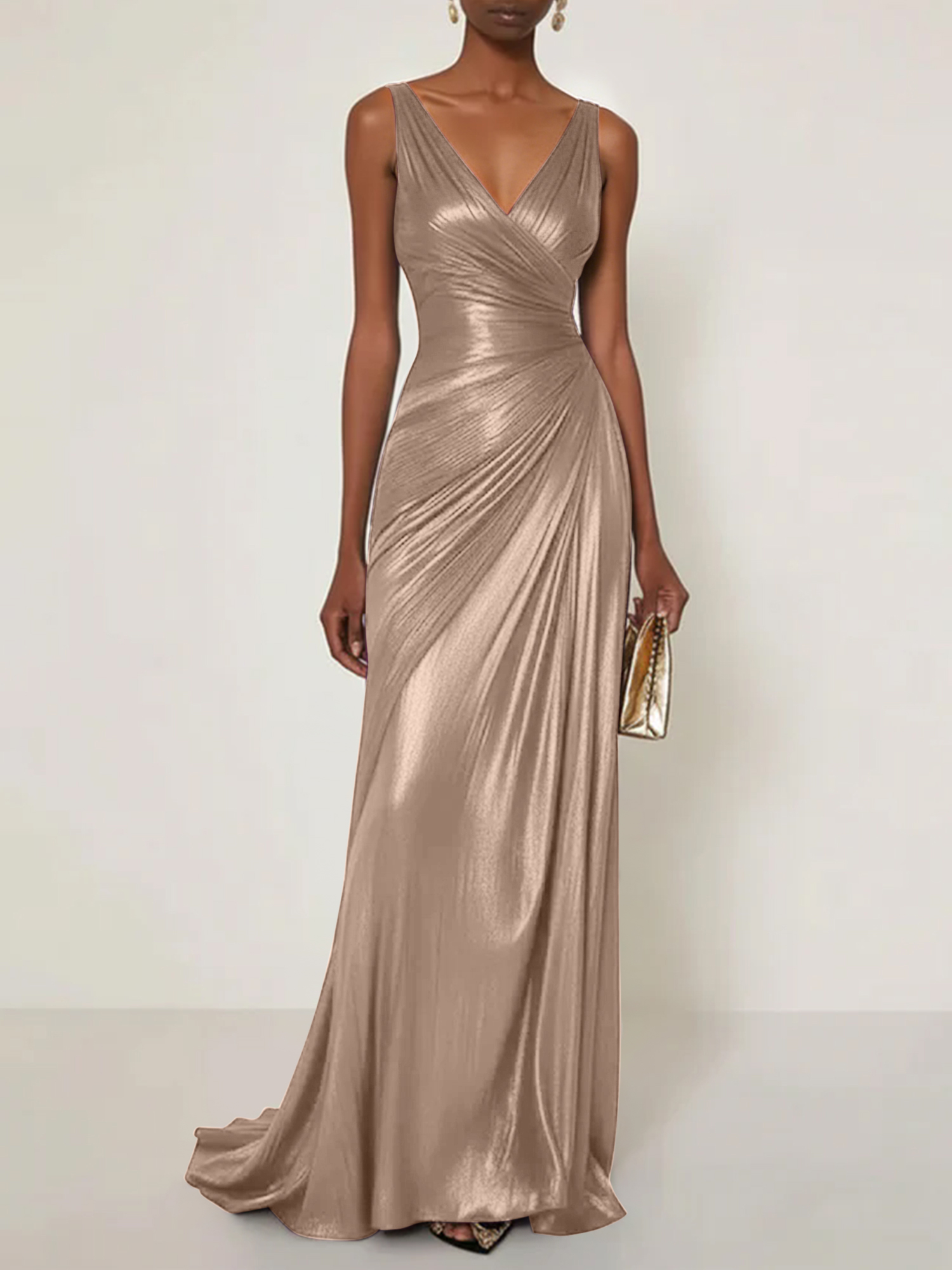 Evening Formal Dress V Neck Silk Ruffles Maxi Dress Gown