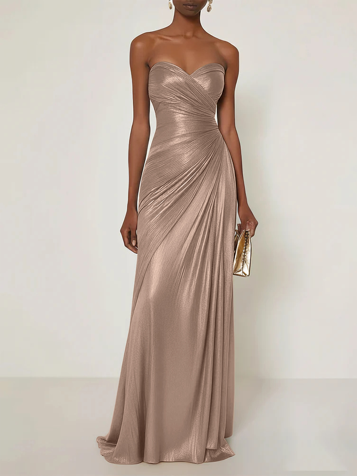Evening Formal Dress V Neck Silk Ruffles Strapless Maxi Dress