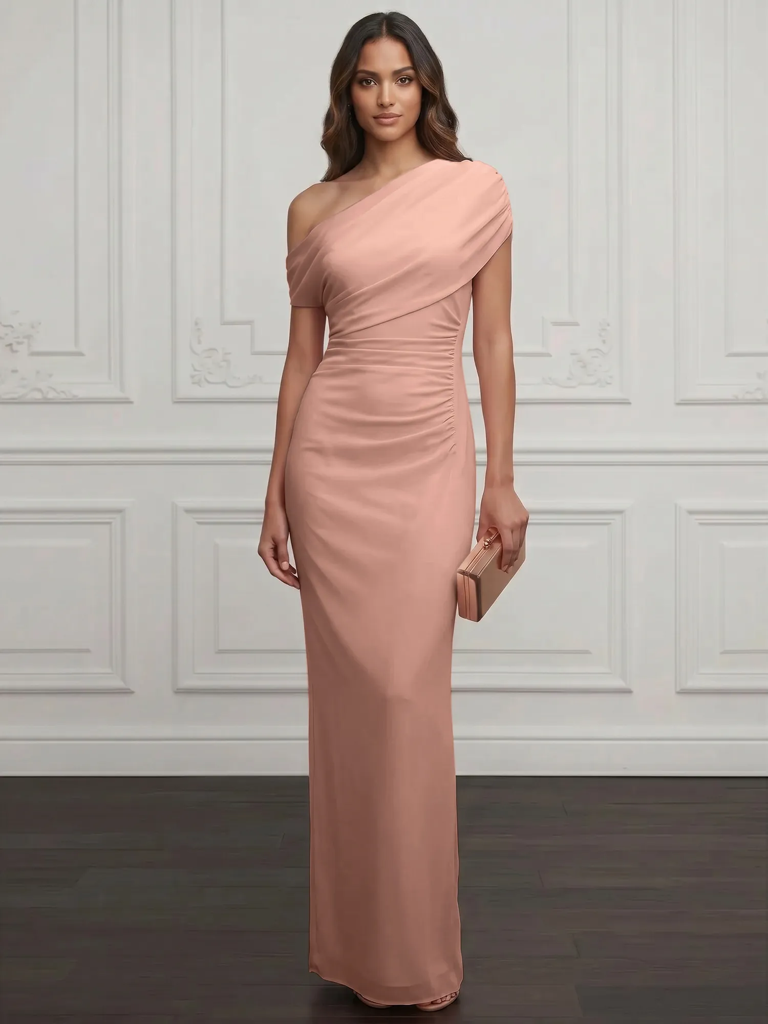 One-Shoulder Draped Chiffon Evening Gown