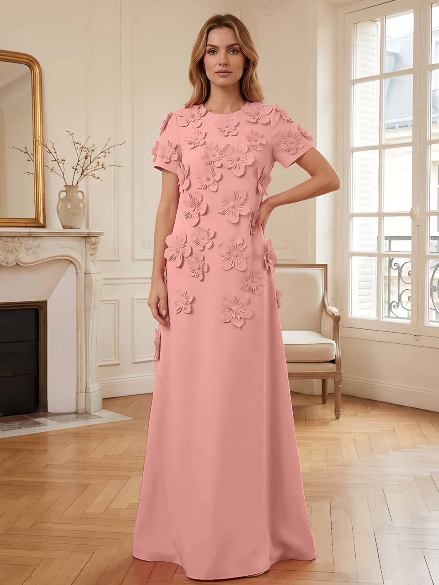 3D Floral Applique Short-Sleeve Column Evening Gown