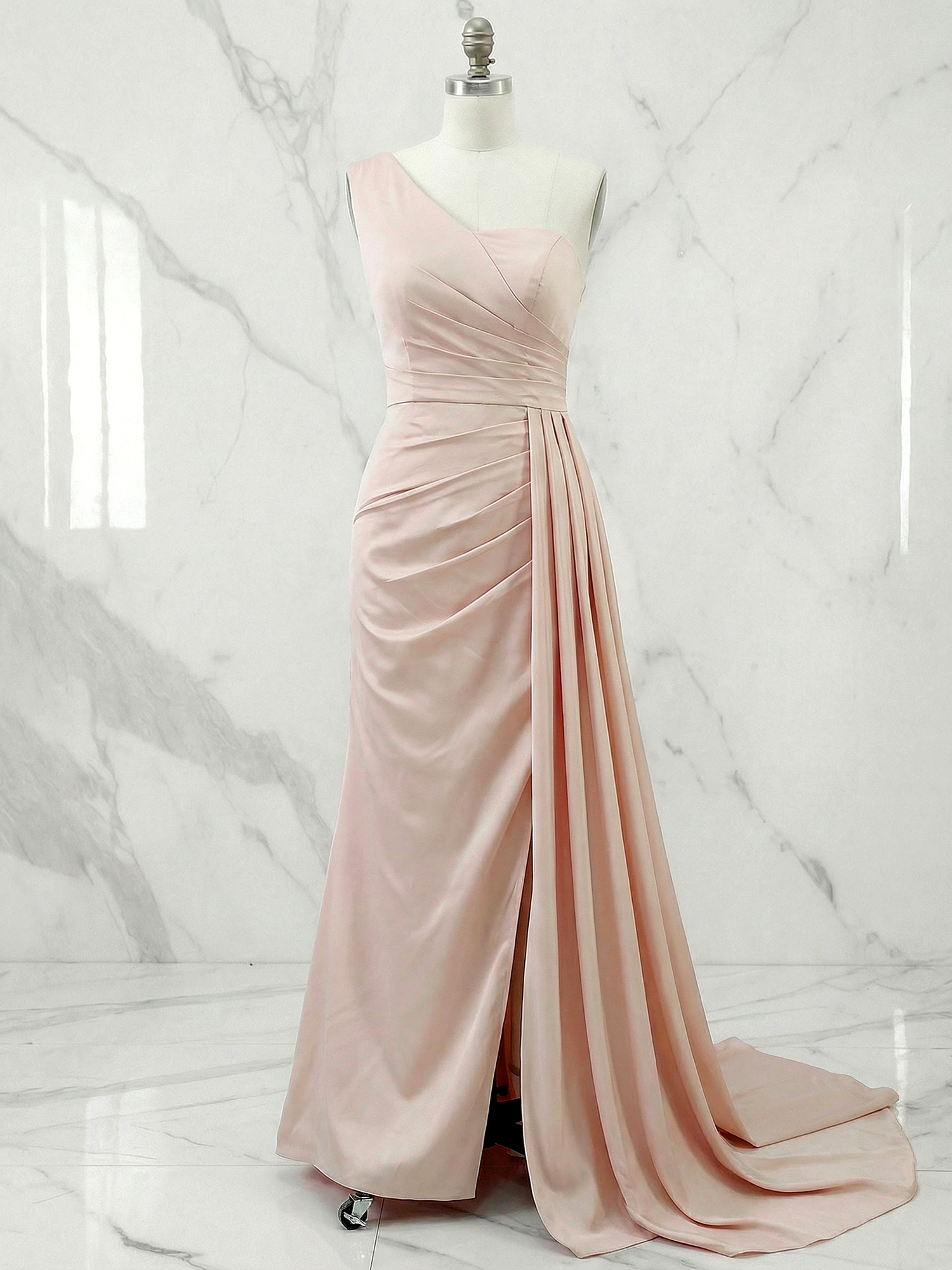 Dusty Rose Sheath/Column One-Shoulder Sweetheart Long Formal Dresses with Split Side